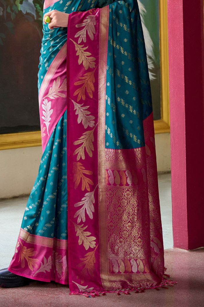 Tarawera Blue and Pink Banarasi Soft Silk Saree