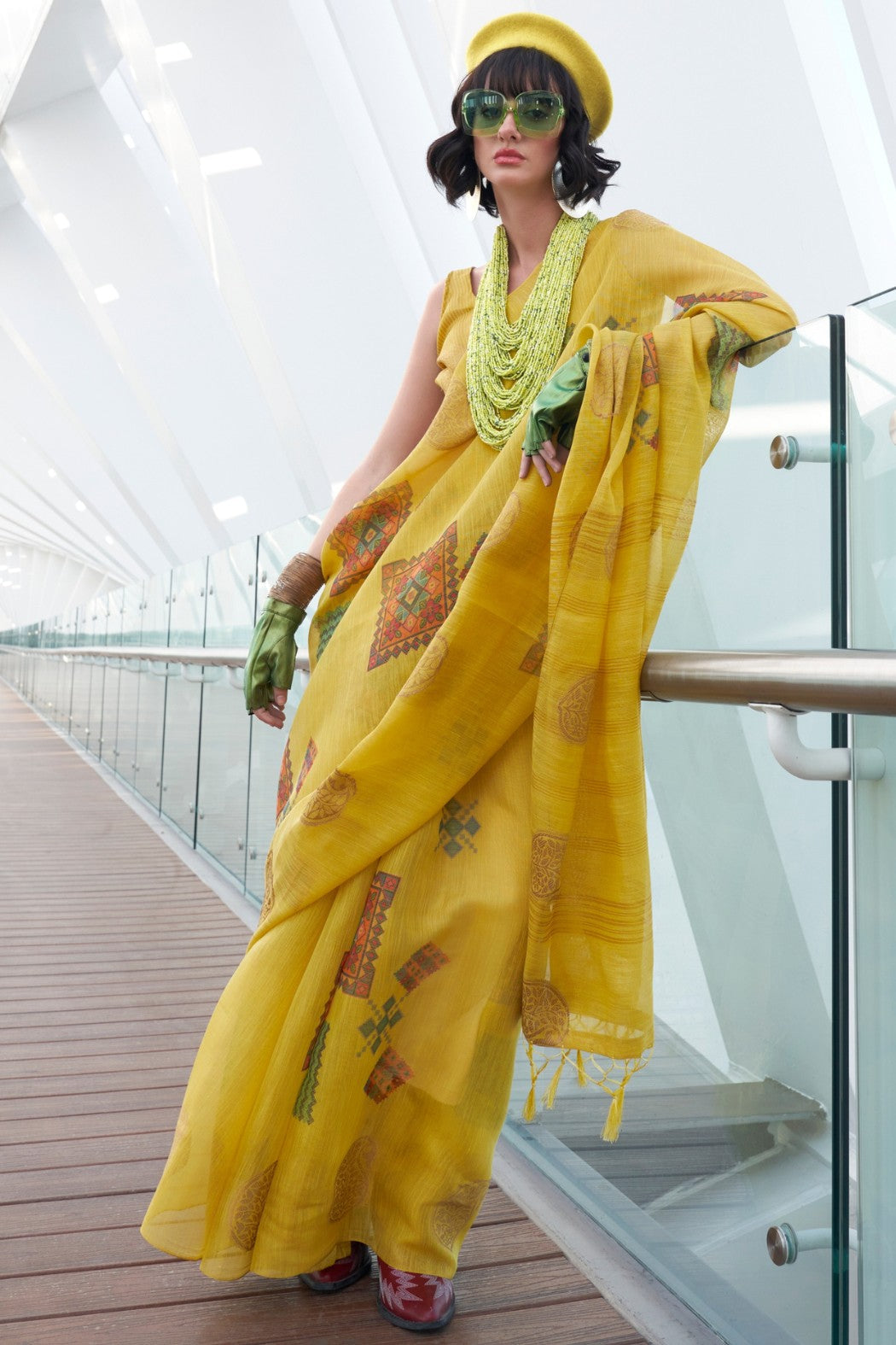 Minion Yellow Printed Handloom Zari Tissue Saree