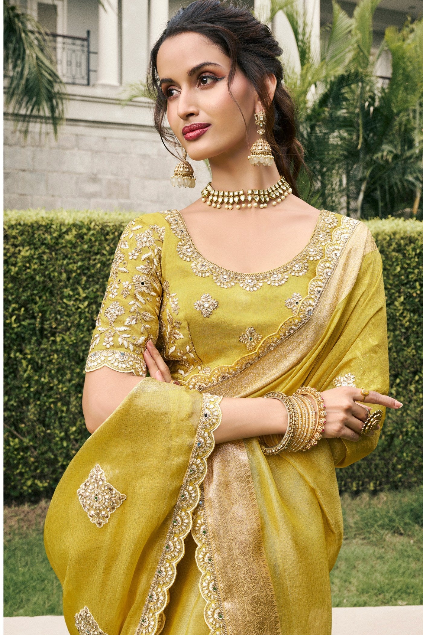 Tussock Yellow Banarasi Designer Embroidered Saree