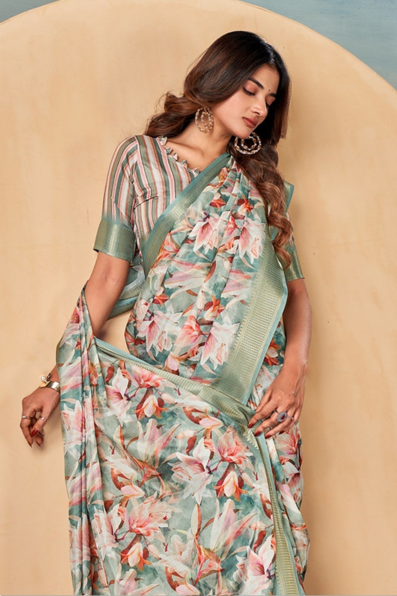 Bud Green Banarasi Digital Printed Saree