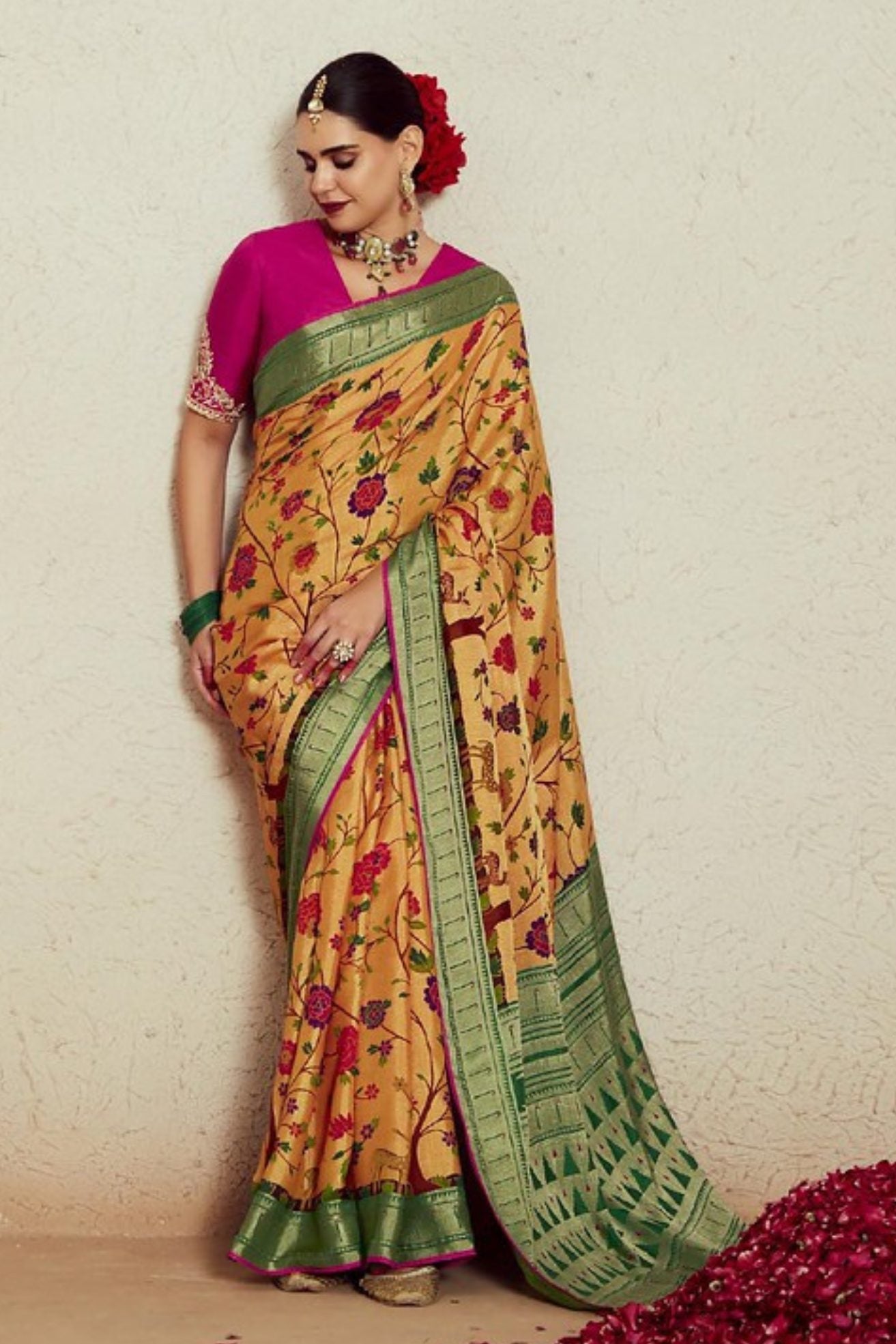 Equator Yellow Printed Brasso Soft Silk Saree