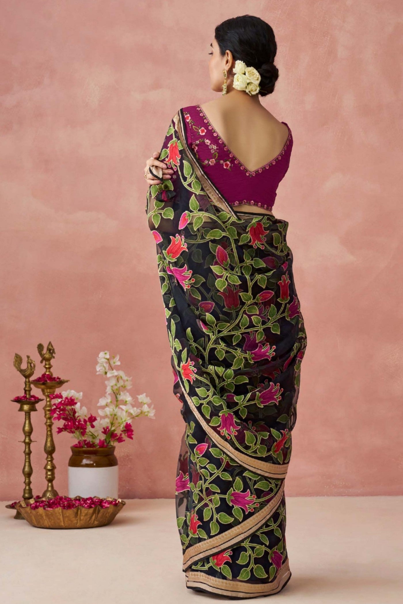 Creole Black Brasso Organza Printed Saree