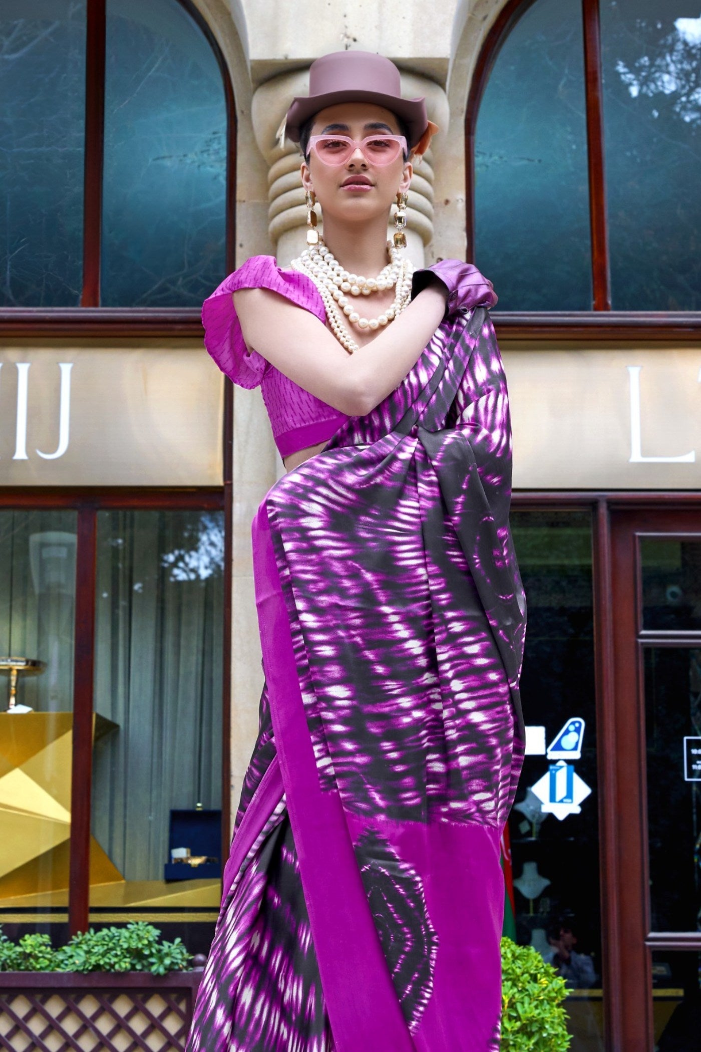 Magenta Purple Printed Satin Crepe Silk Saree