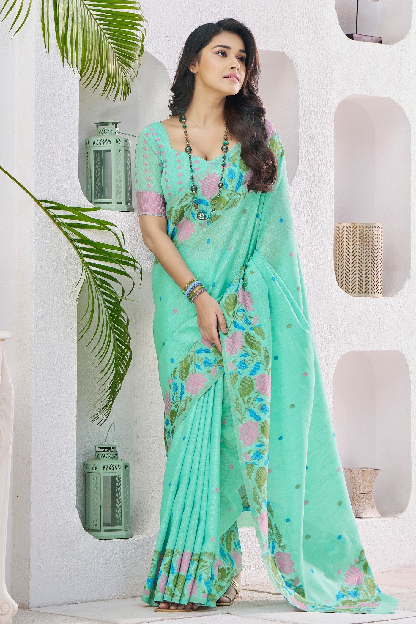 Monte Carlo Green Printed Linen Saree