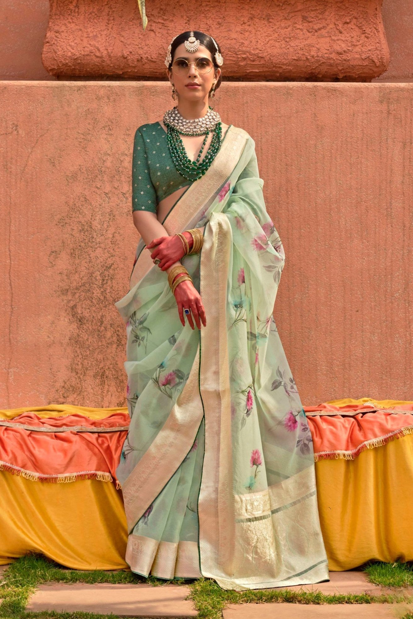 Pastel Green Zari Woven Organza Saree