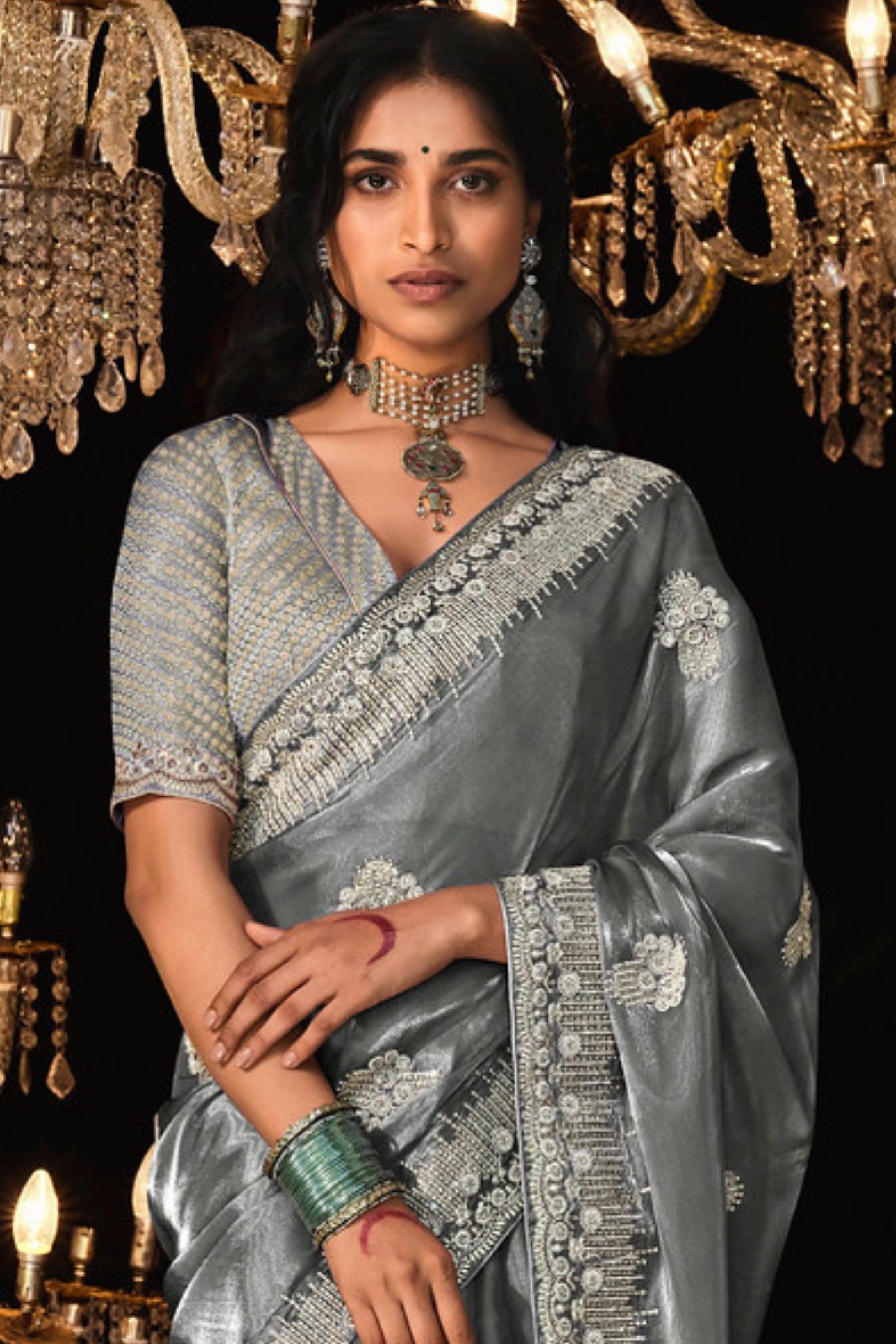 Graphite Grey Tissue Embroidered Designer Saree