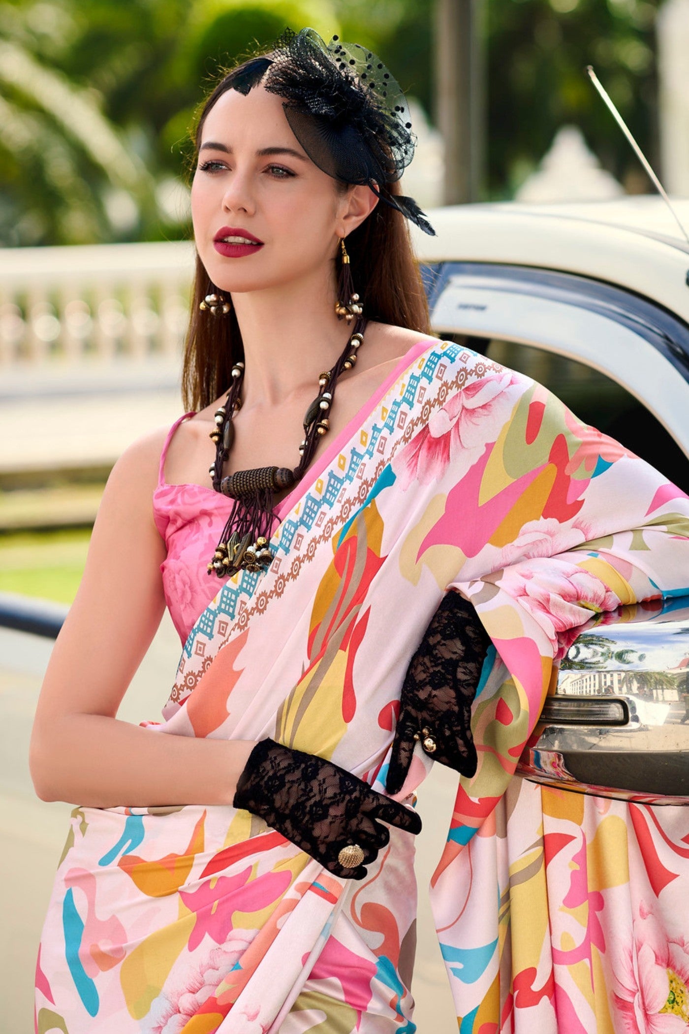 Mandys Pink Printed Satin Crepe Silk Saree