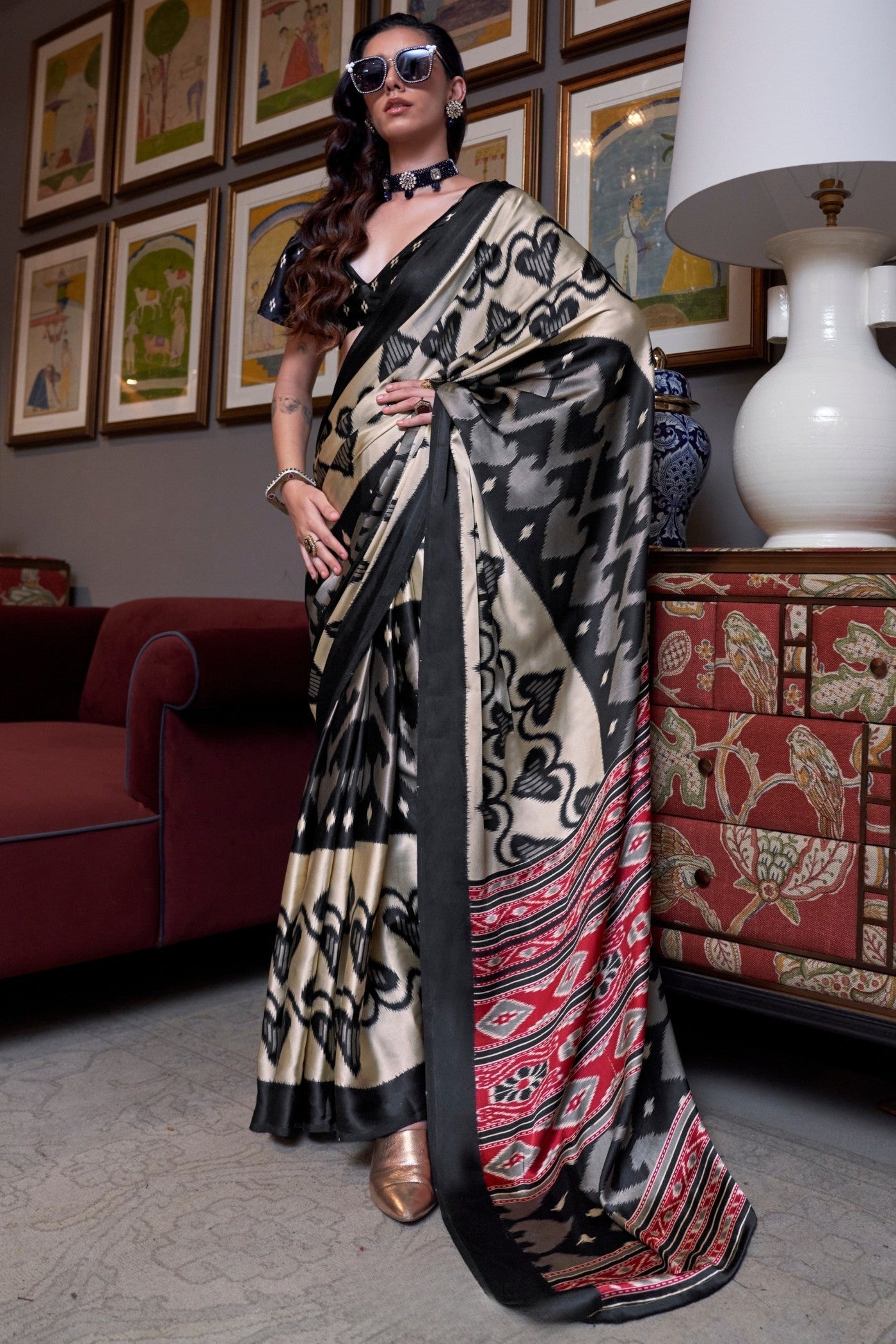 Rich Black and Cream Patola Printed Satin Crepe Saree