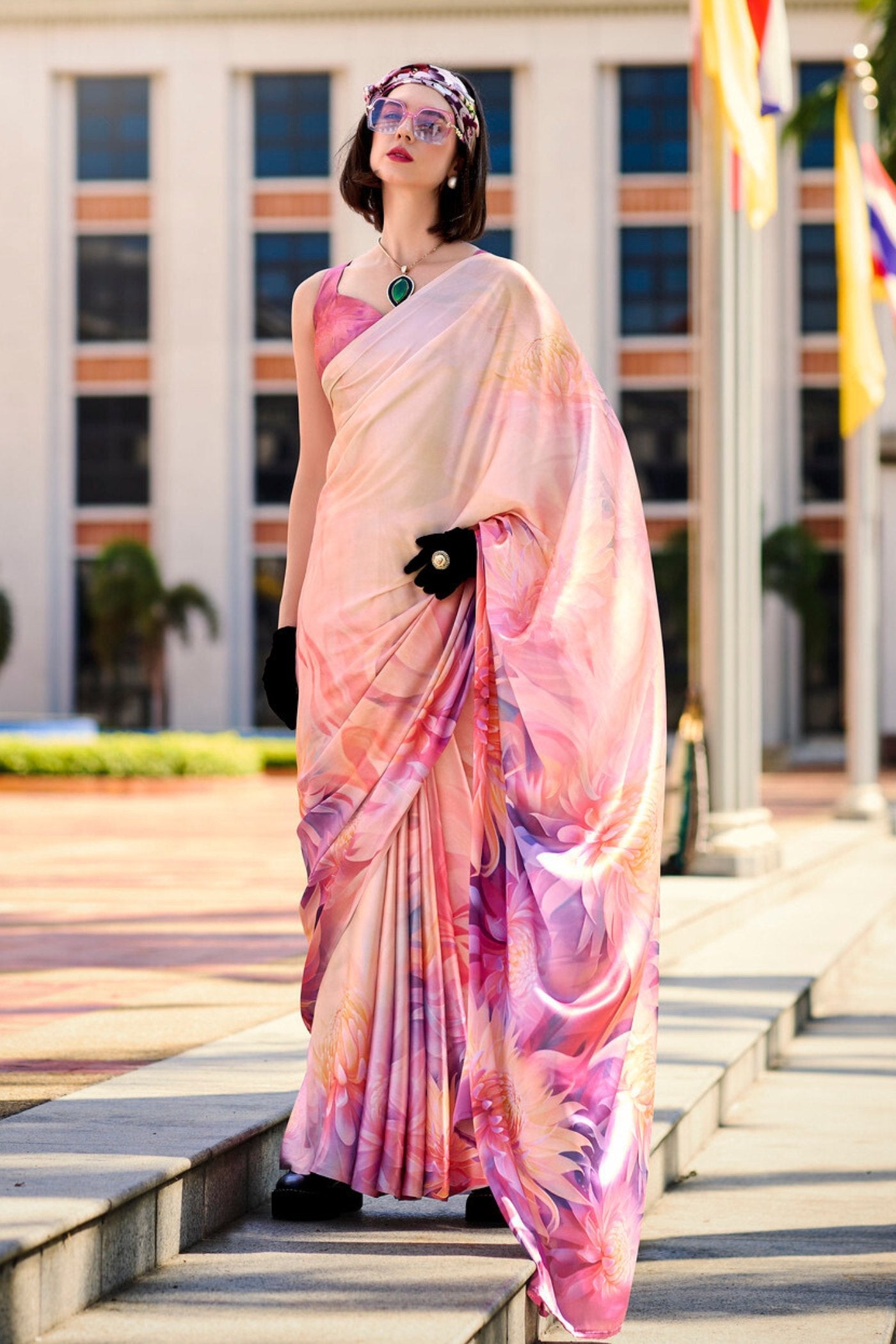 Hopbush Pink Printed Satin Crepe Silk Saree