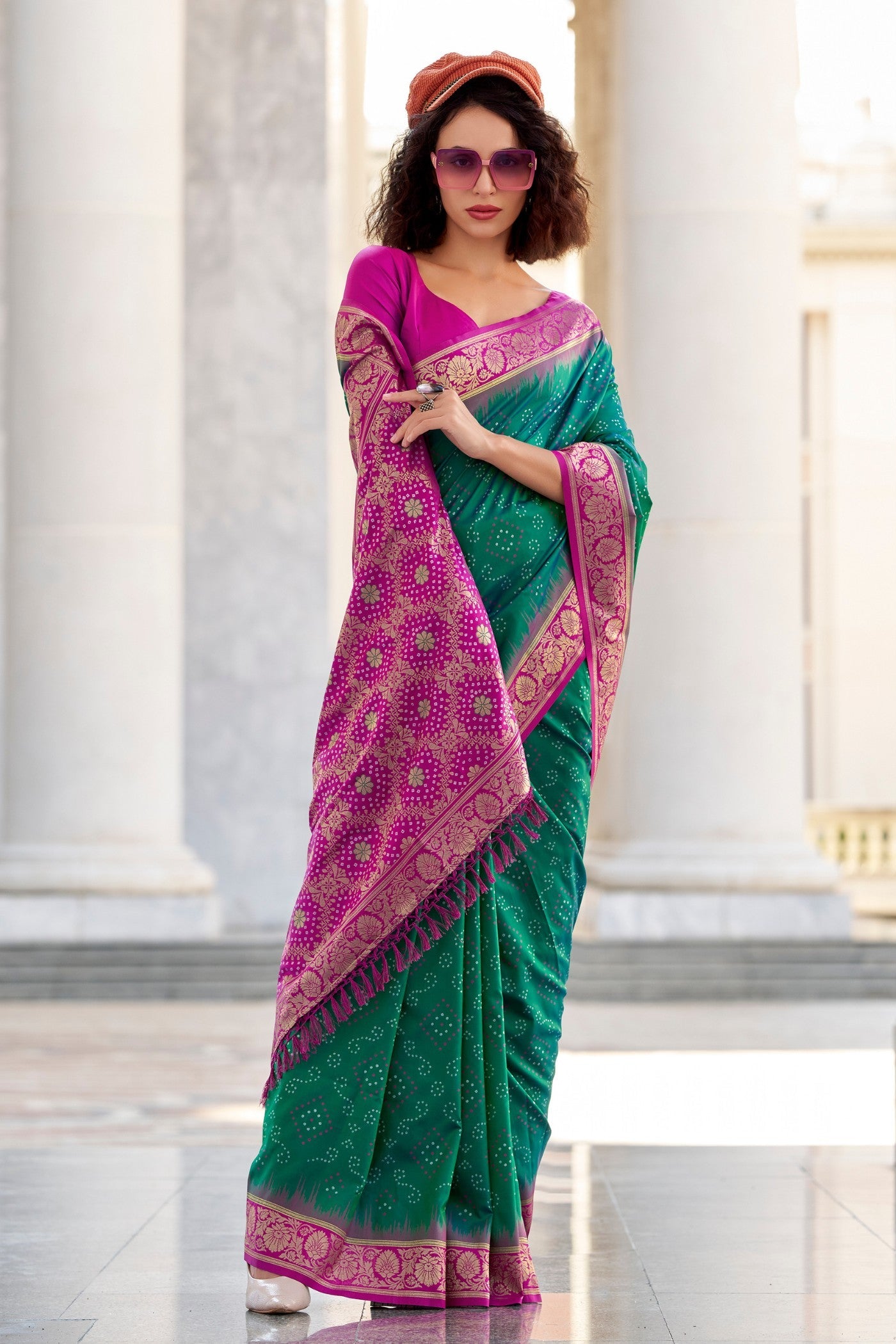 Eucalyptus Green Woven Banarasi Bandhani Soft Silk Saree