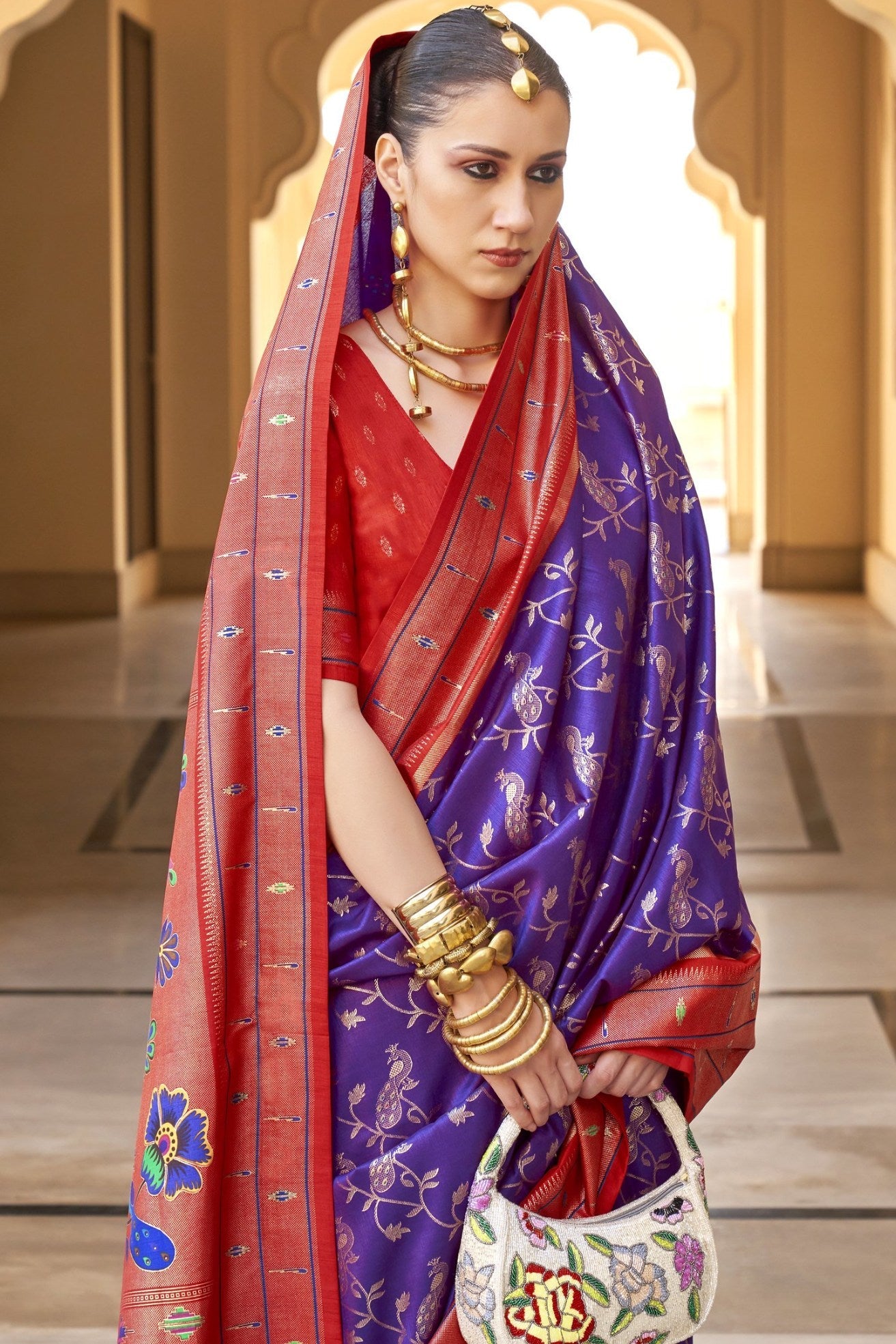 Purple Heart and Red Woven Paithani Designer Saree