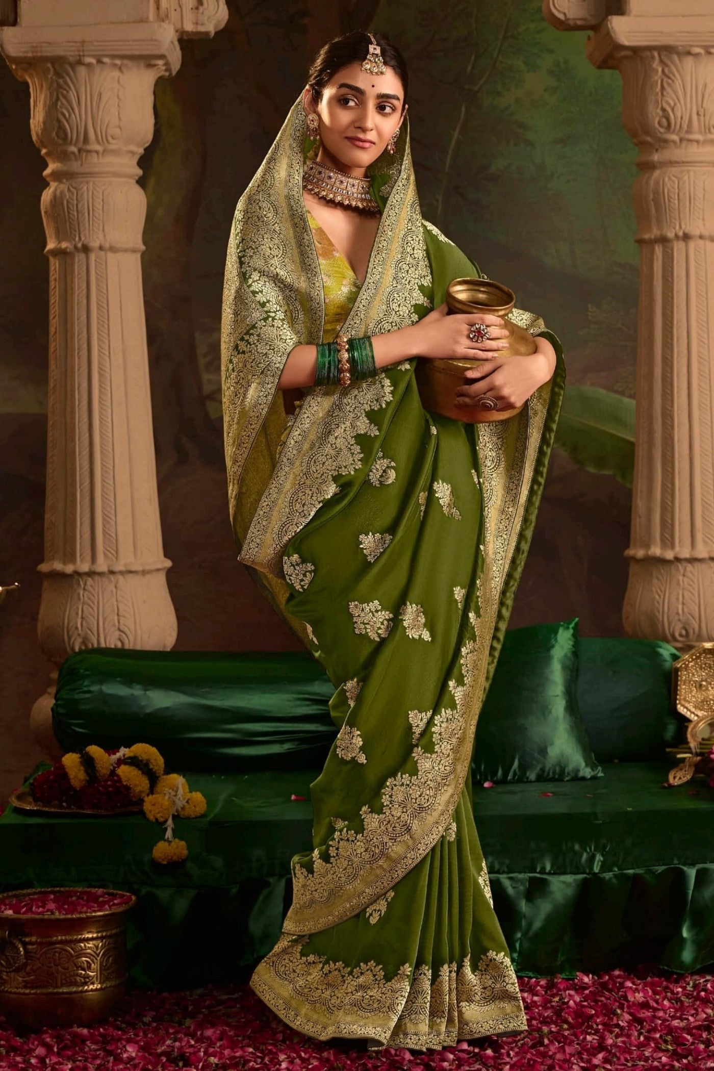 Madras Green Designer Banarasi Dola Silk Saree