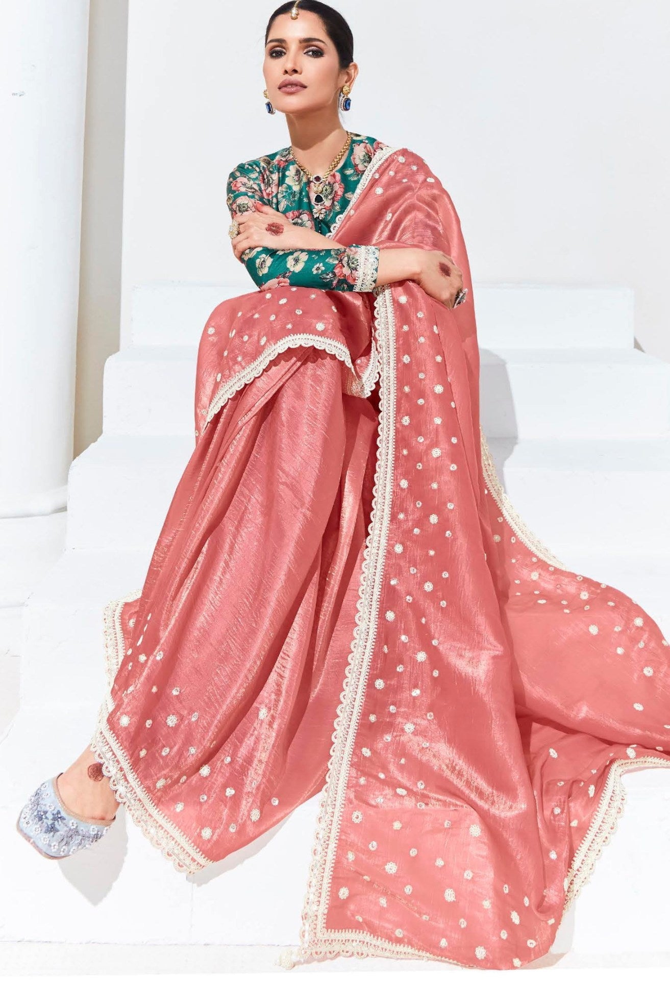 Cornflower Lilac Pink Tissue Organza Designer Partywear Saree