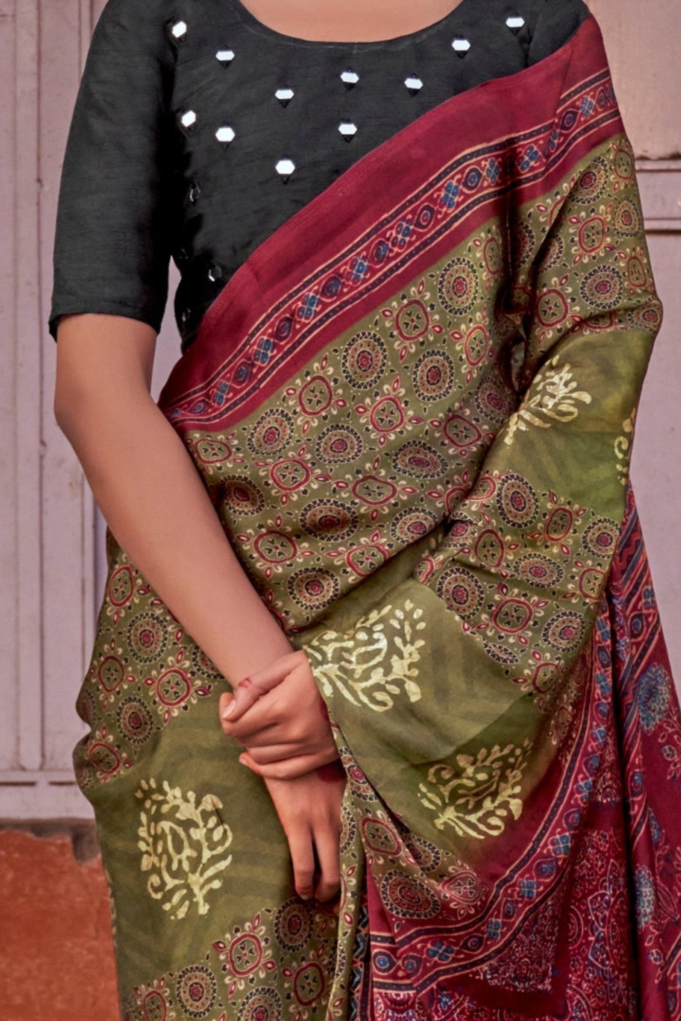 Locust Green and Maroon Ajrakh Handprinted Satin Saree