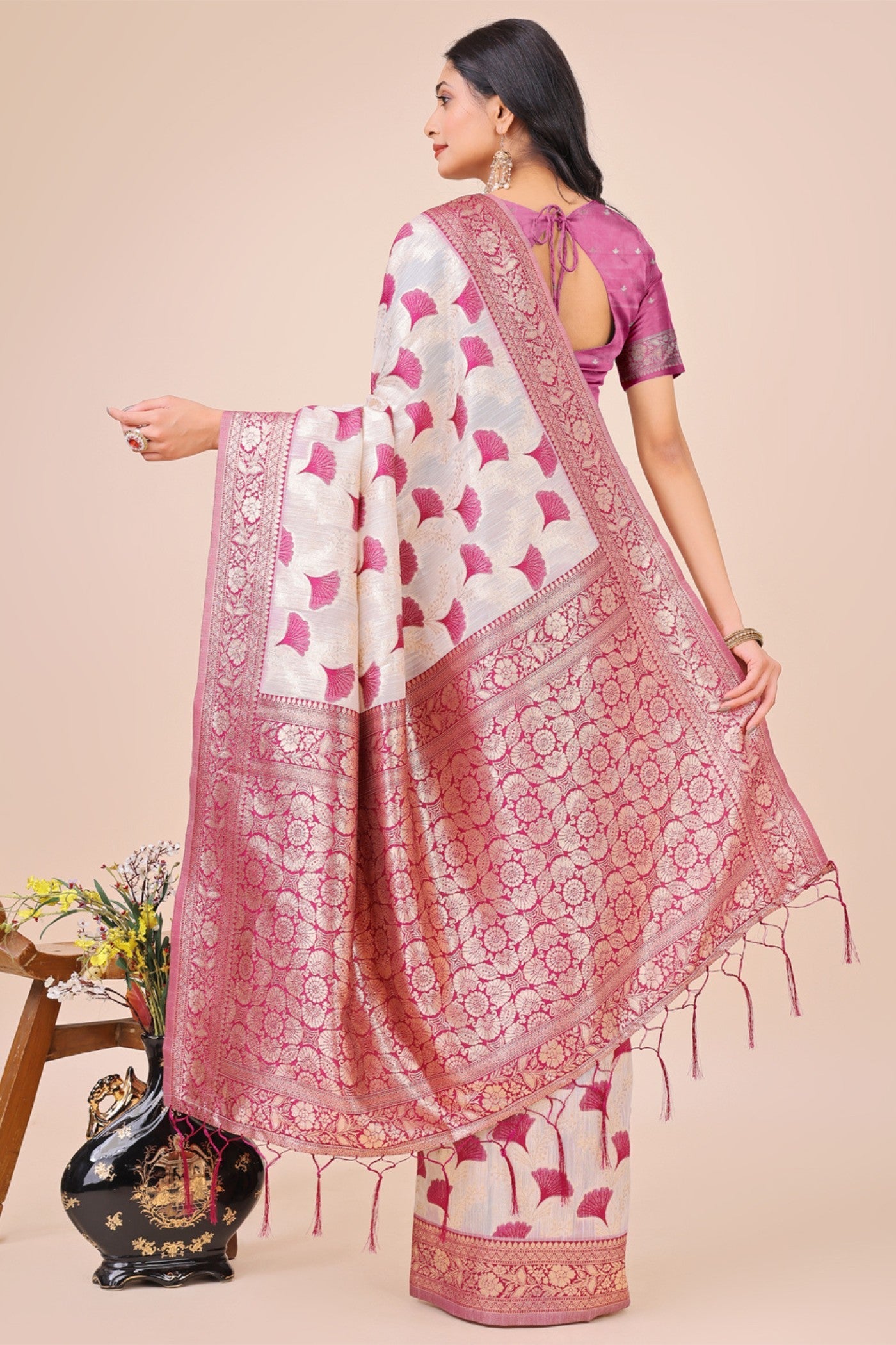 Bone White and Pink Linen Cotton Saree