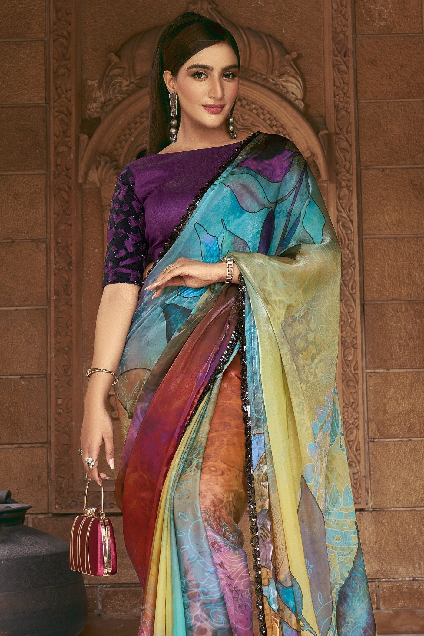 Multicolor Blue Satin Printed Silk Saree