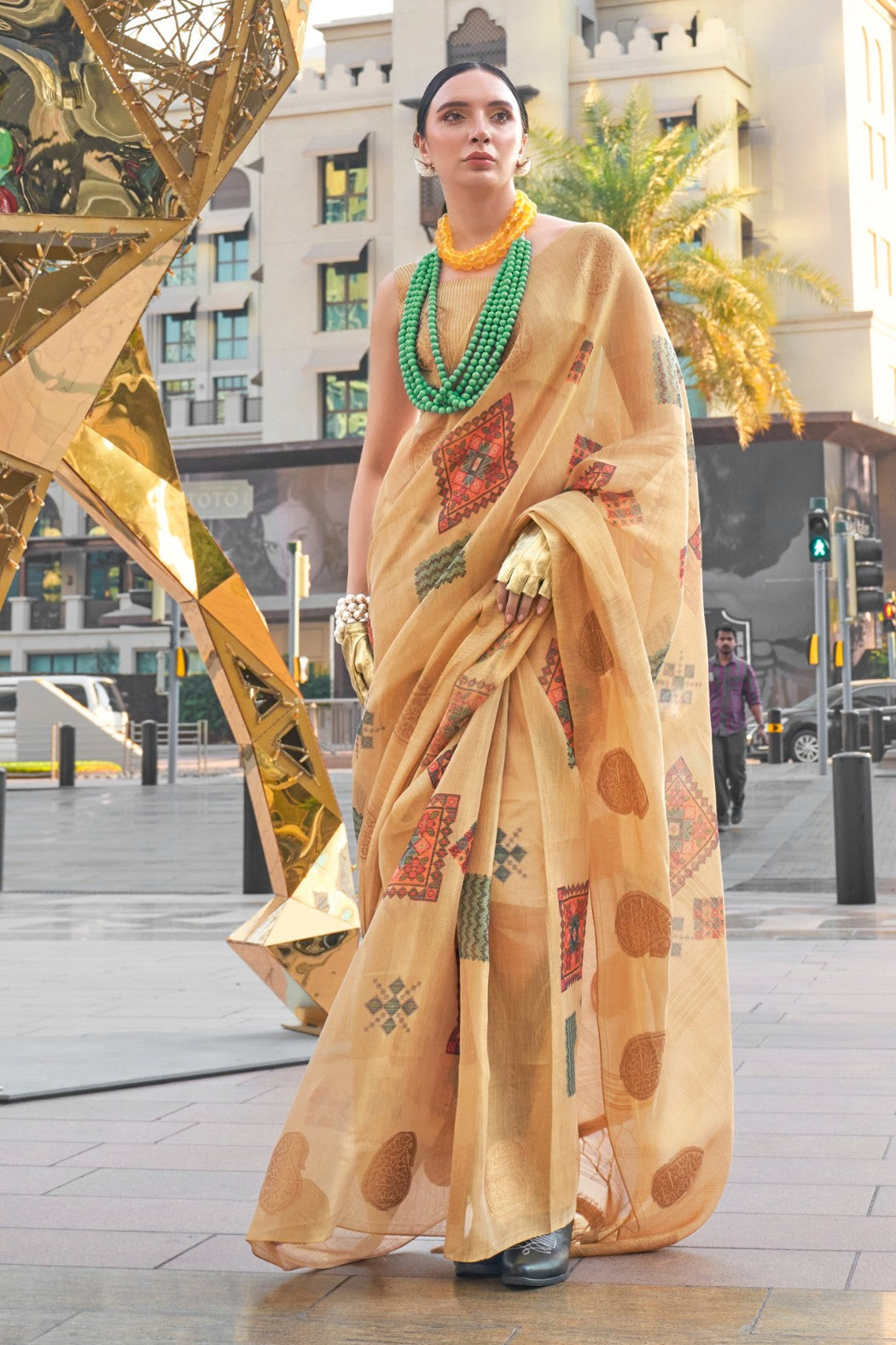 Navajo Golden Printed Handloom Zari Tissue Saree