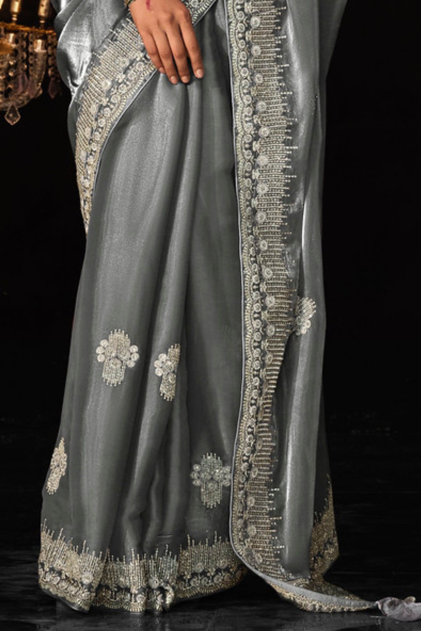 Graphite Grey Tissue Embroidered Designer Saree