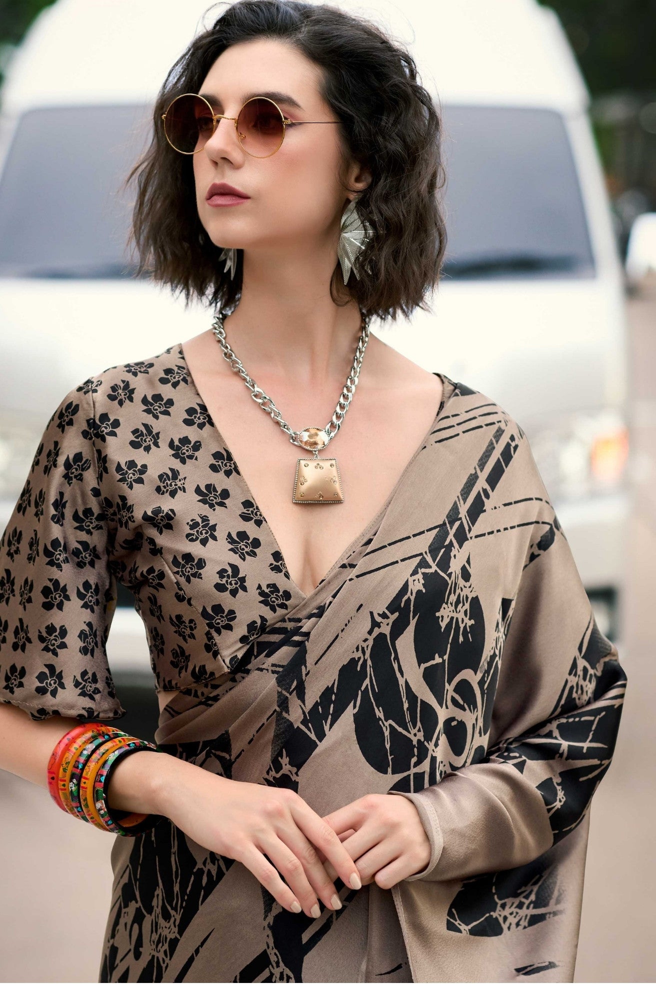 Espresso Brown Printed Satin Crepe Saree