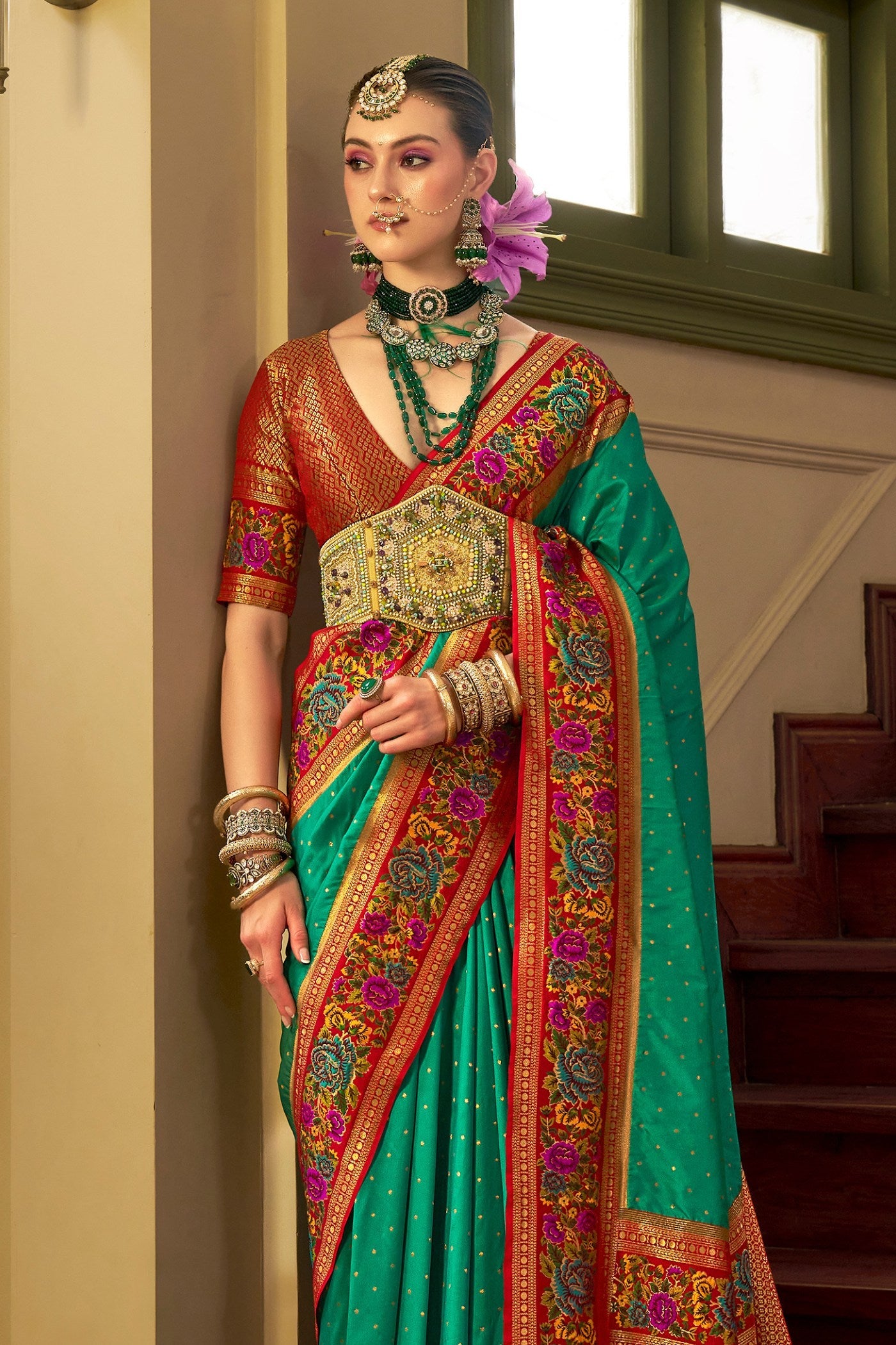 Jewel Green Printed Banarasi Saree