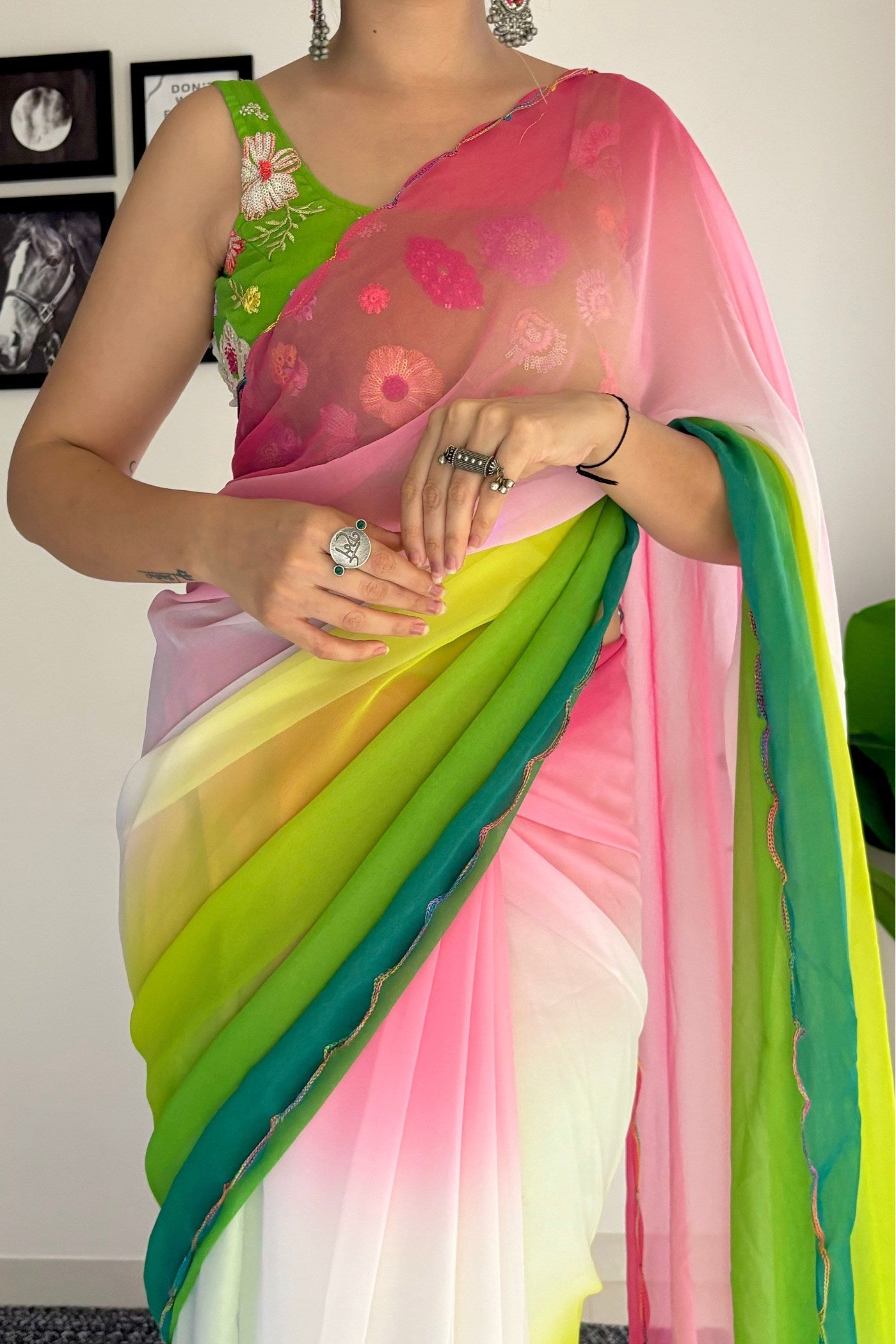 Multicolor Pink Georgette Saree