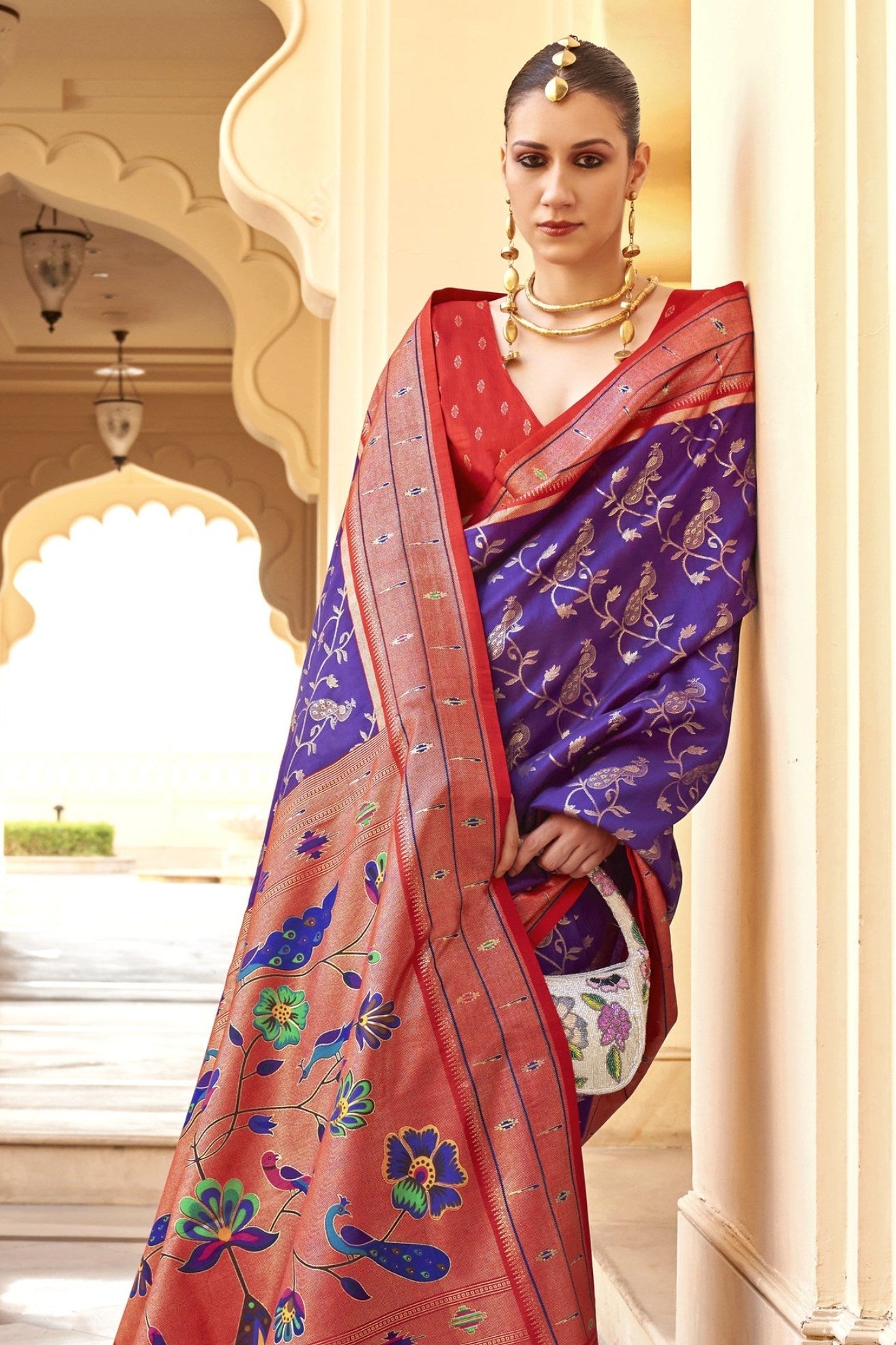 Purple Heart and Red Woven Paithani Designer Saree