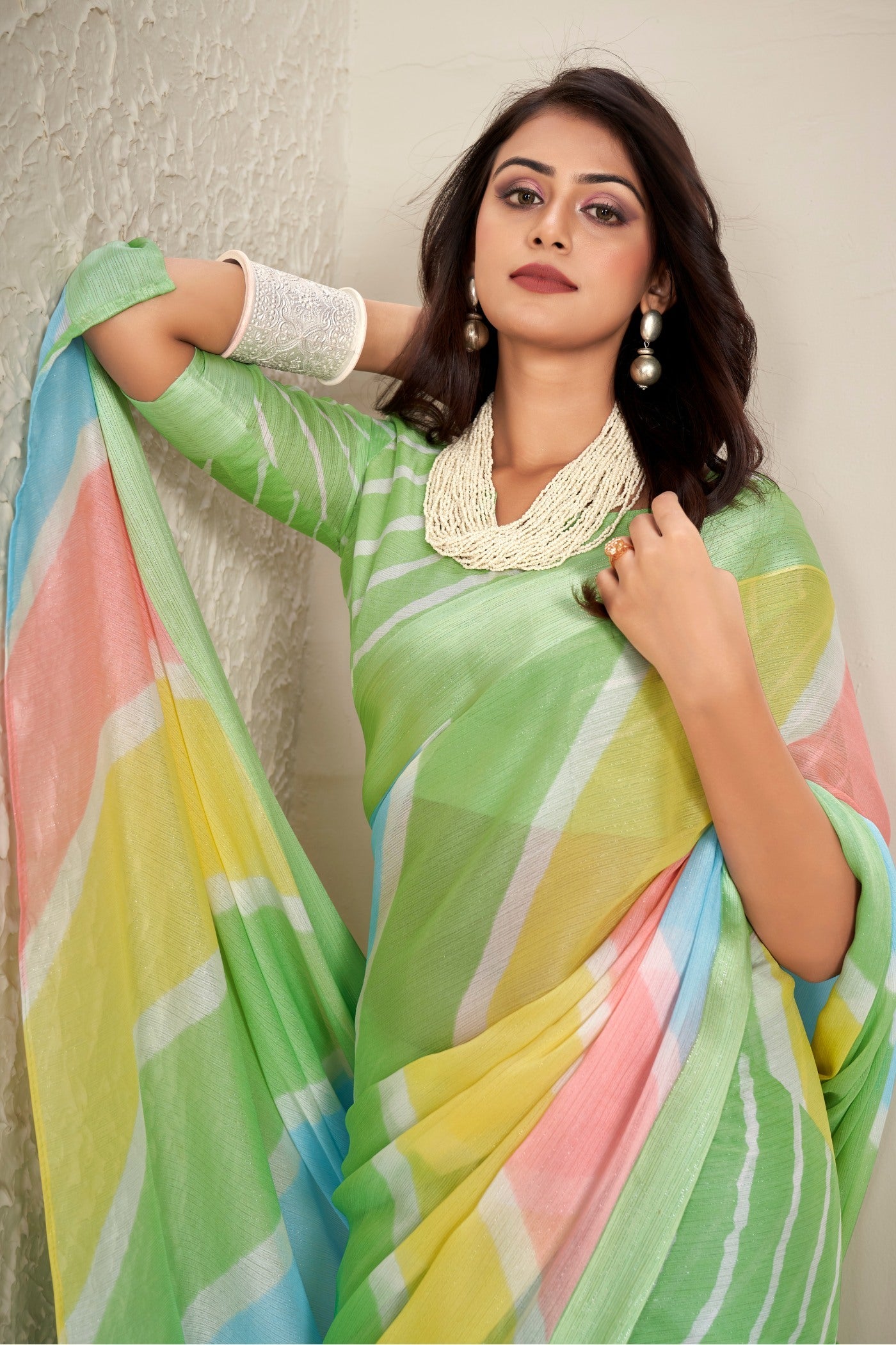 Christi Green Printed Satin Silk Saree