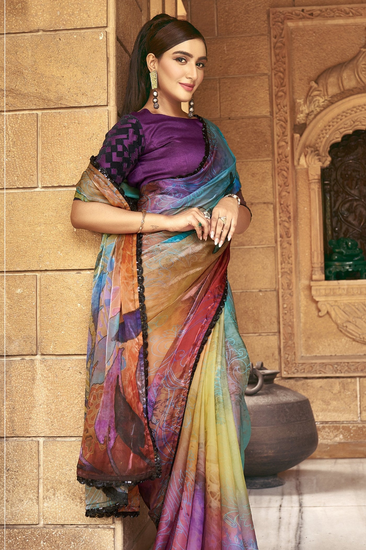 Multicolor Blue Satin Printed Silk Saree