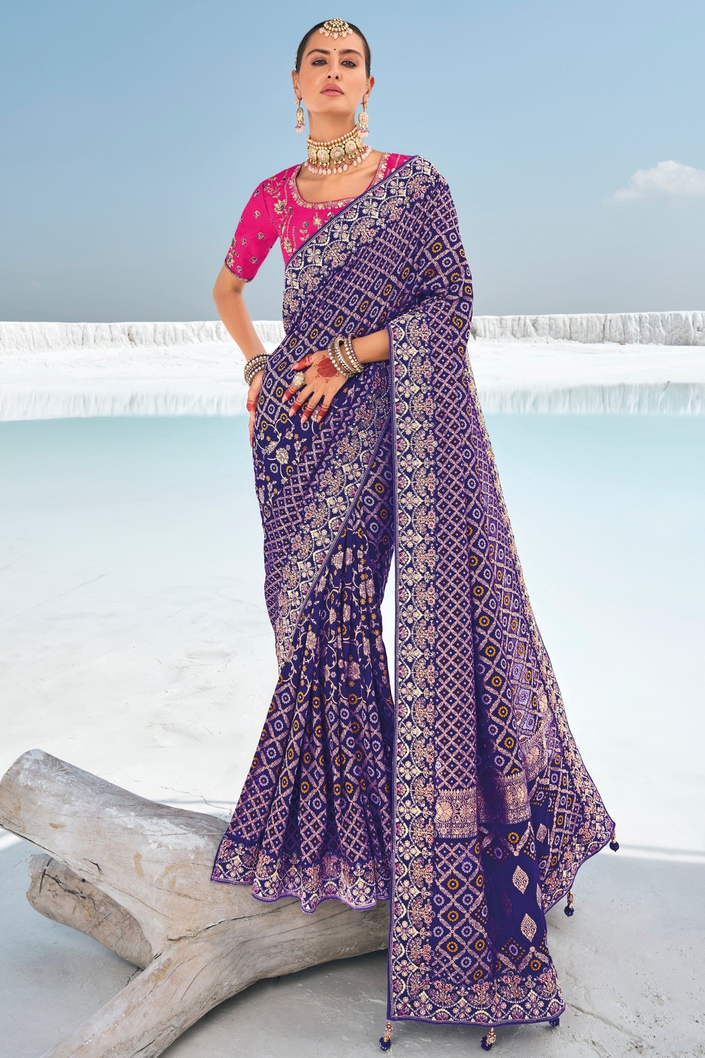 Blue Hibiscus Georgette Patola Saree