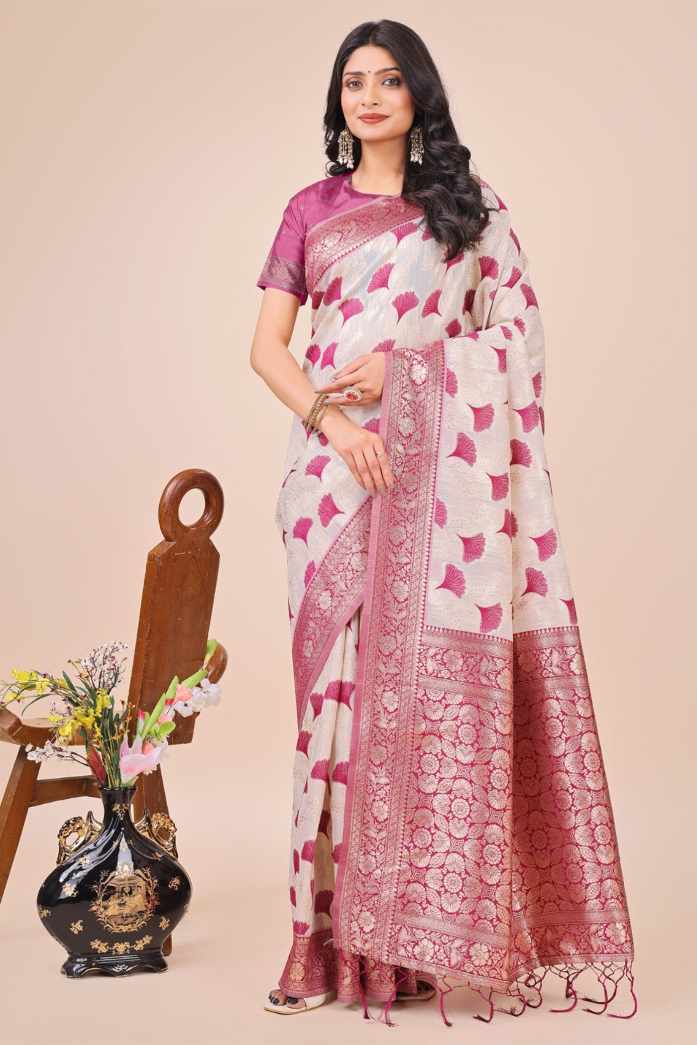 Bone White and Pink Linen Cotton Saree