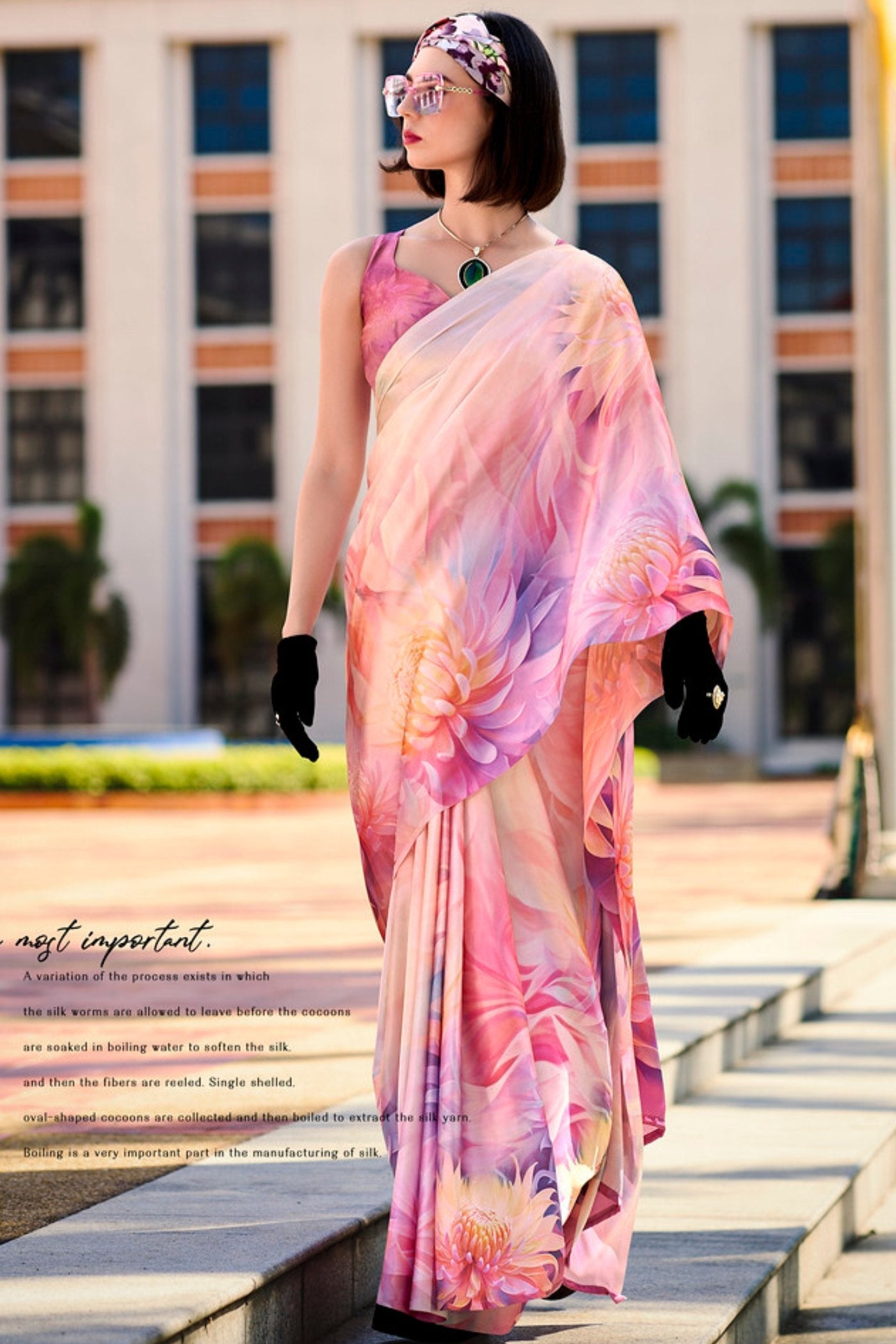 Hopbush Pink Printed Satin Crepe Silk Saree