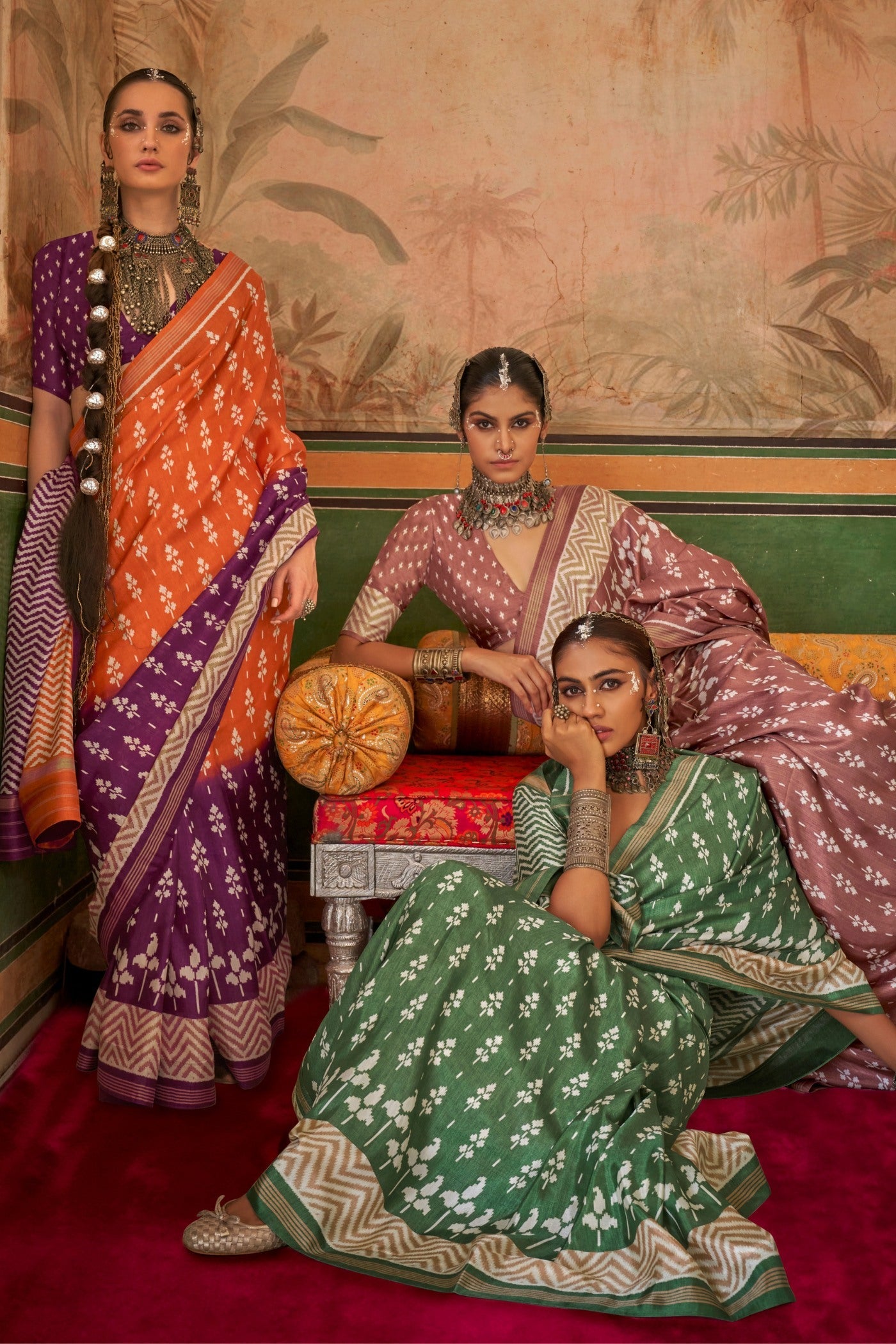 Flamingo Orange and Brown Printed Patola Saree