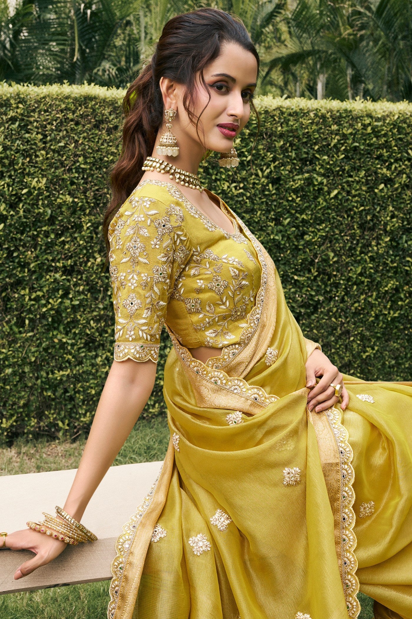 Tussock Yellow Banarasi Designer Embroidered Saree