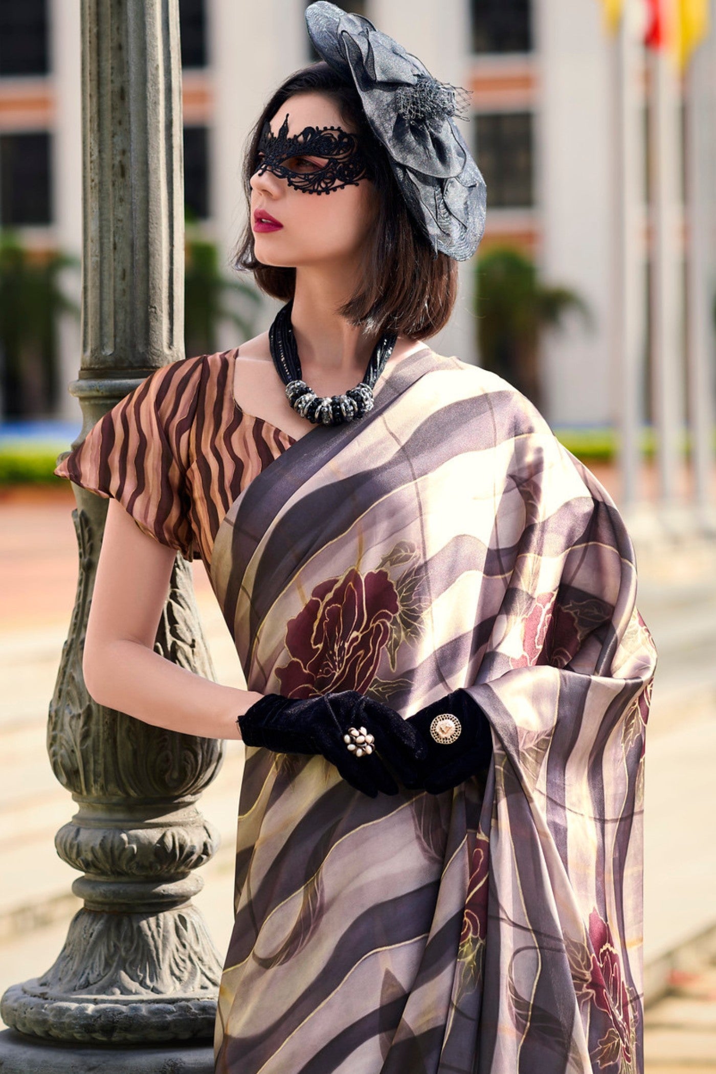 Don Juan Brown Printed Satin Crepe Silk Saree