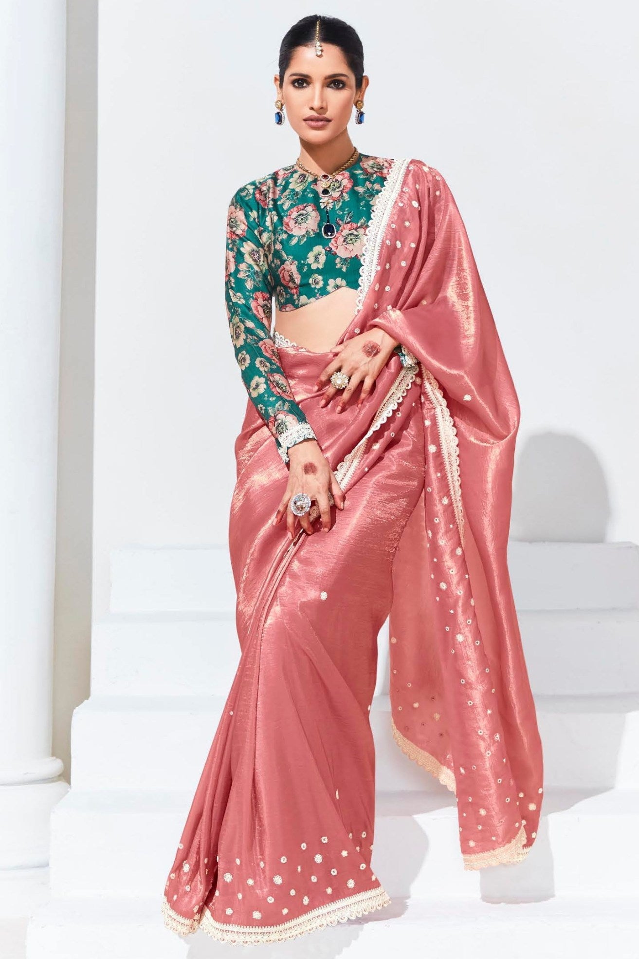 Cornflower Lilac Pink Tissue Organza Designer Partywear Saree