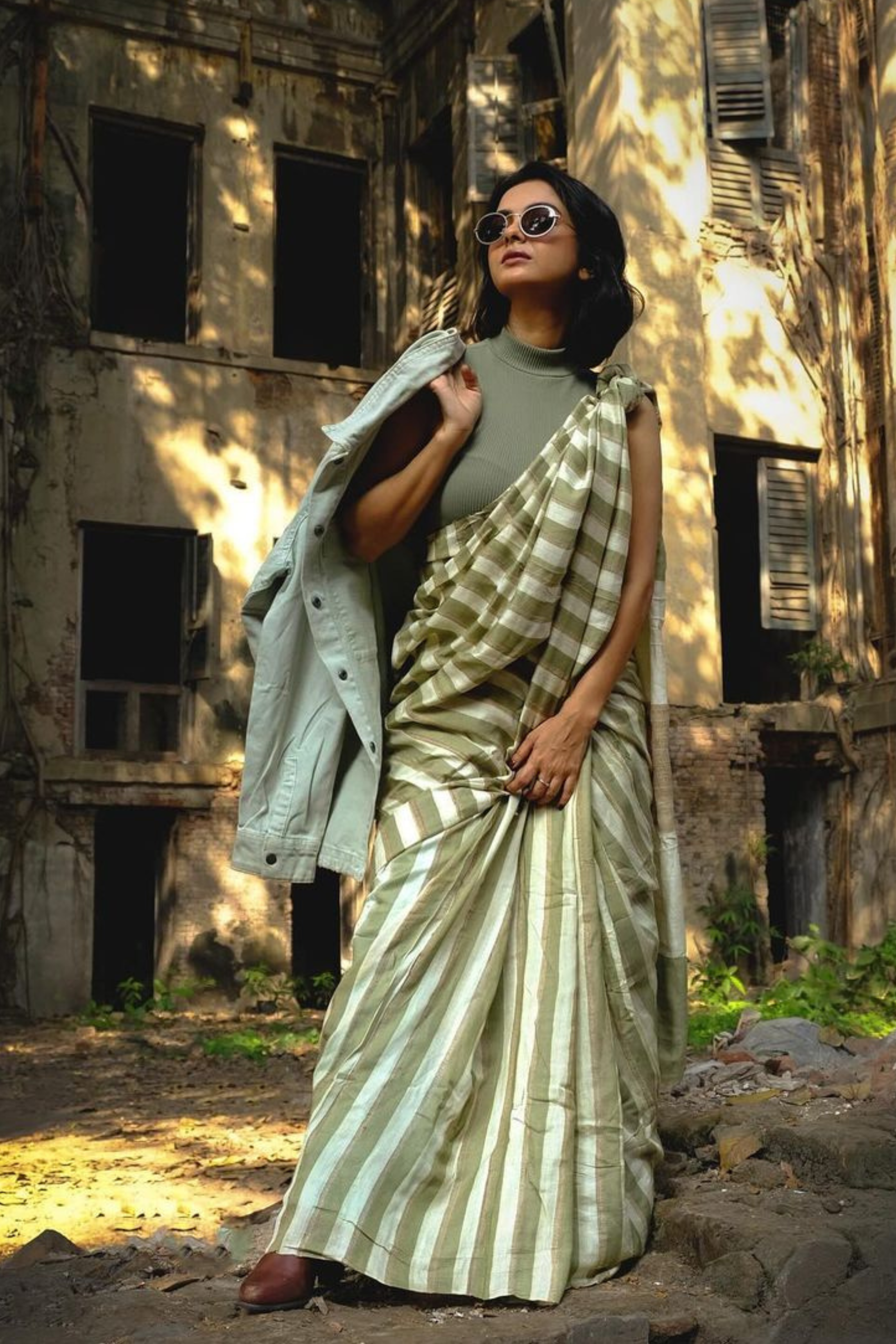 Clay Creek Green Cotton Stripes Saree