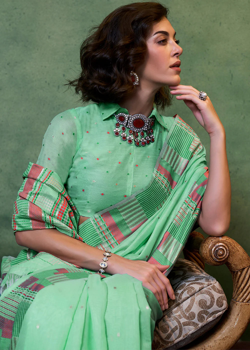 Green Handwoven Cotton Silk Saree With Brocade Blouse