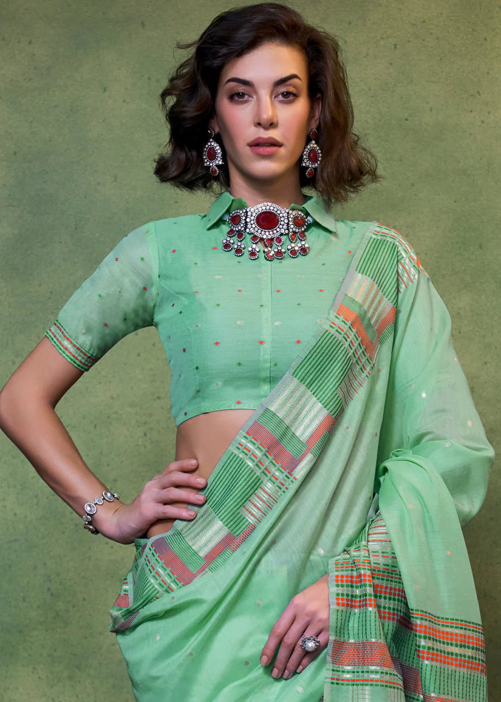 Green Handwoven Cotton Silk Saree With Brocade Blouse