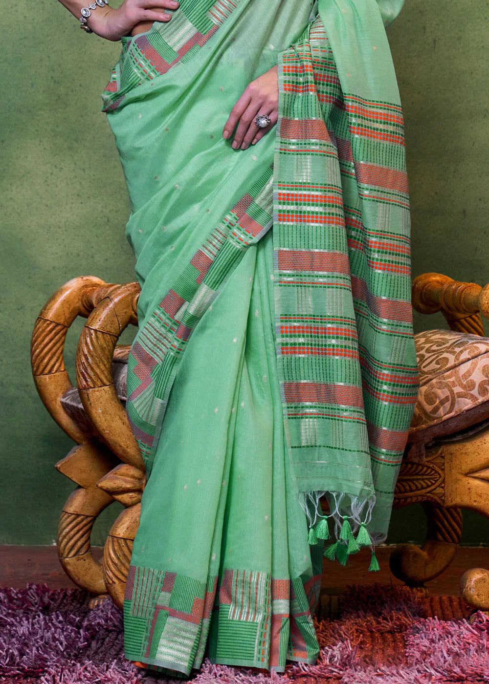 Green Handwoven Cotton Silk Saree With Brocade Blouse