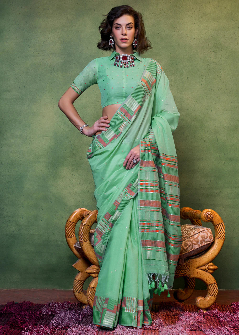 Green Handwoven Cotton Silk Saree With Brocade Blouse