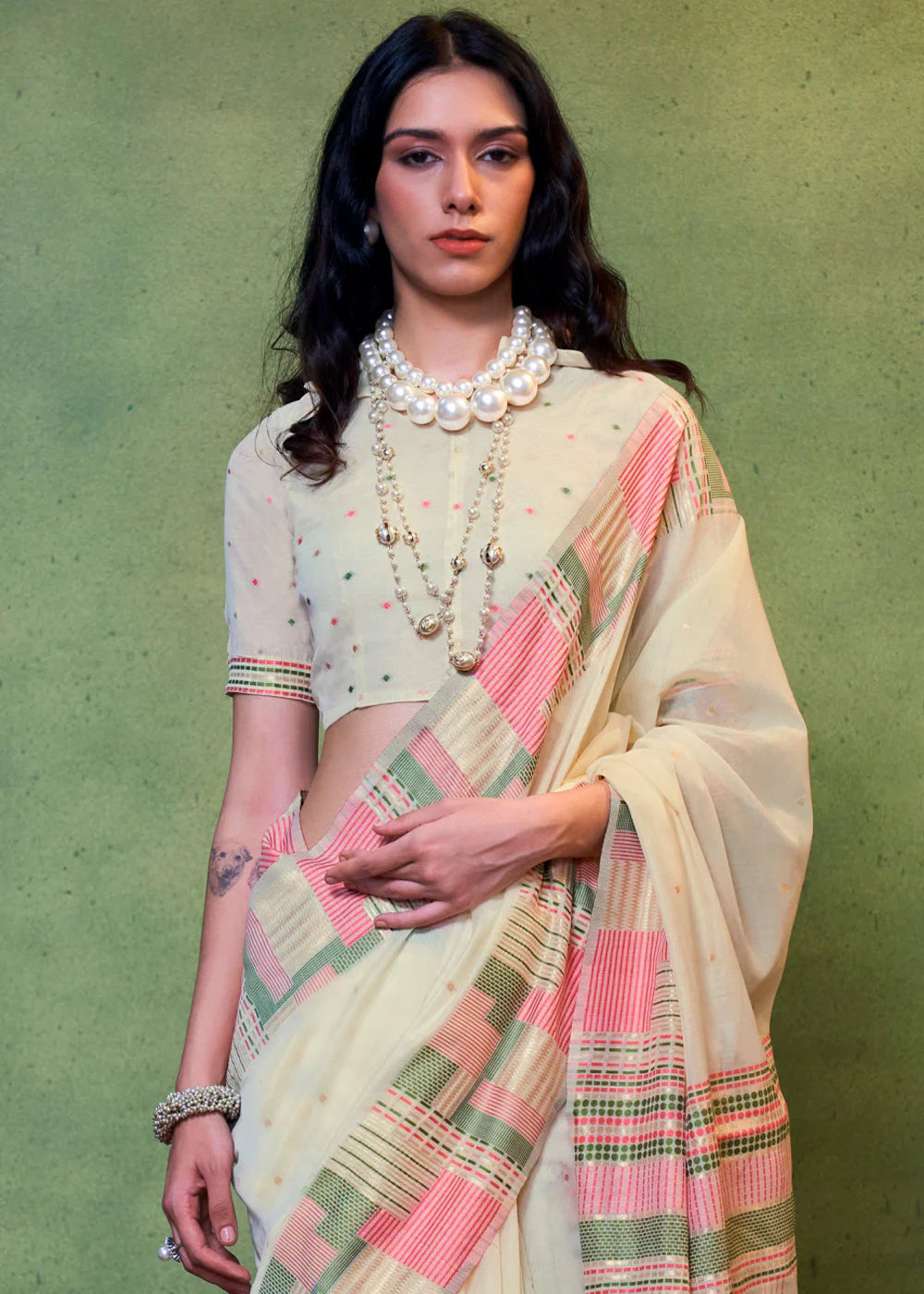 Parchment White Handwoven Cotton Silk Saree With Brocade Blouse