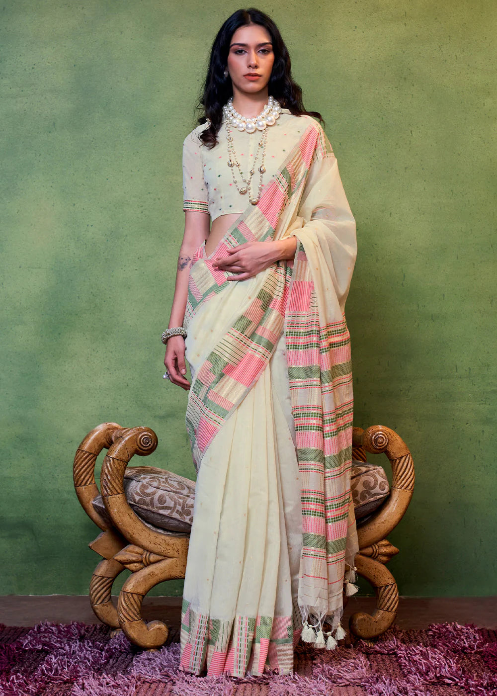 Parchment White Handwoven Cotton Silk Saree With Brocade Blouse