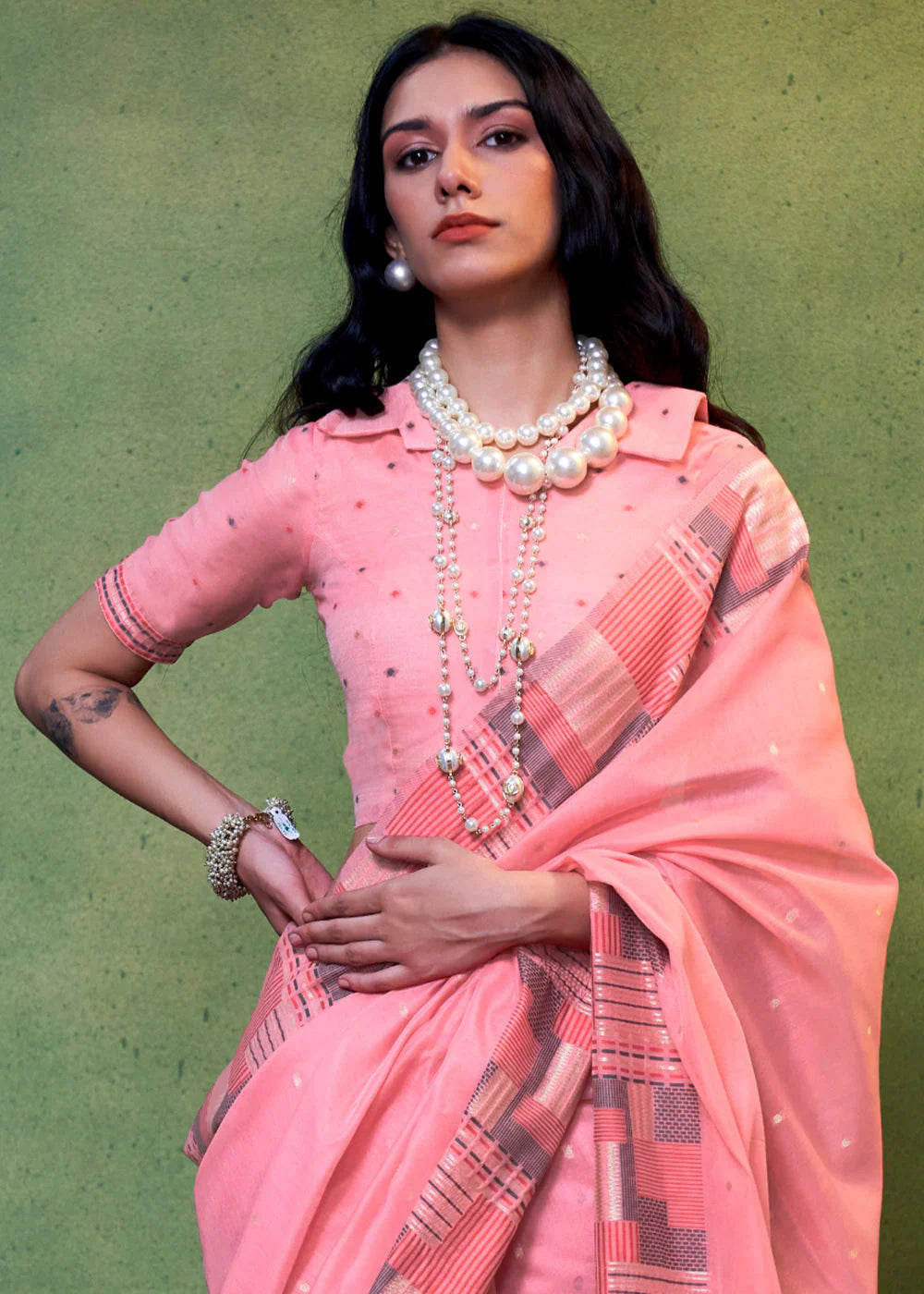 Pink Handwoven Cotton Silk Saree With Brocade Blouse