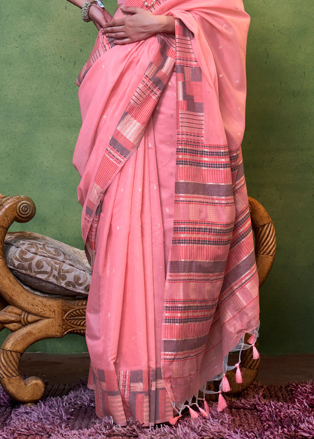 Pink Handwoven Cotton Silk Saree With Brocade Blouse