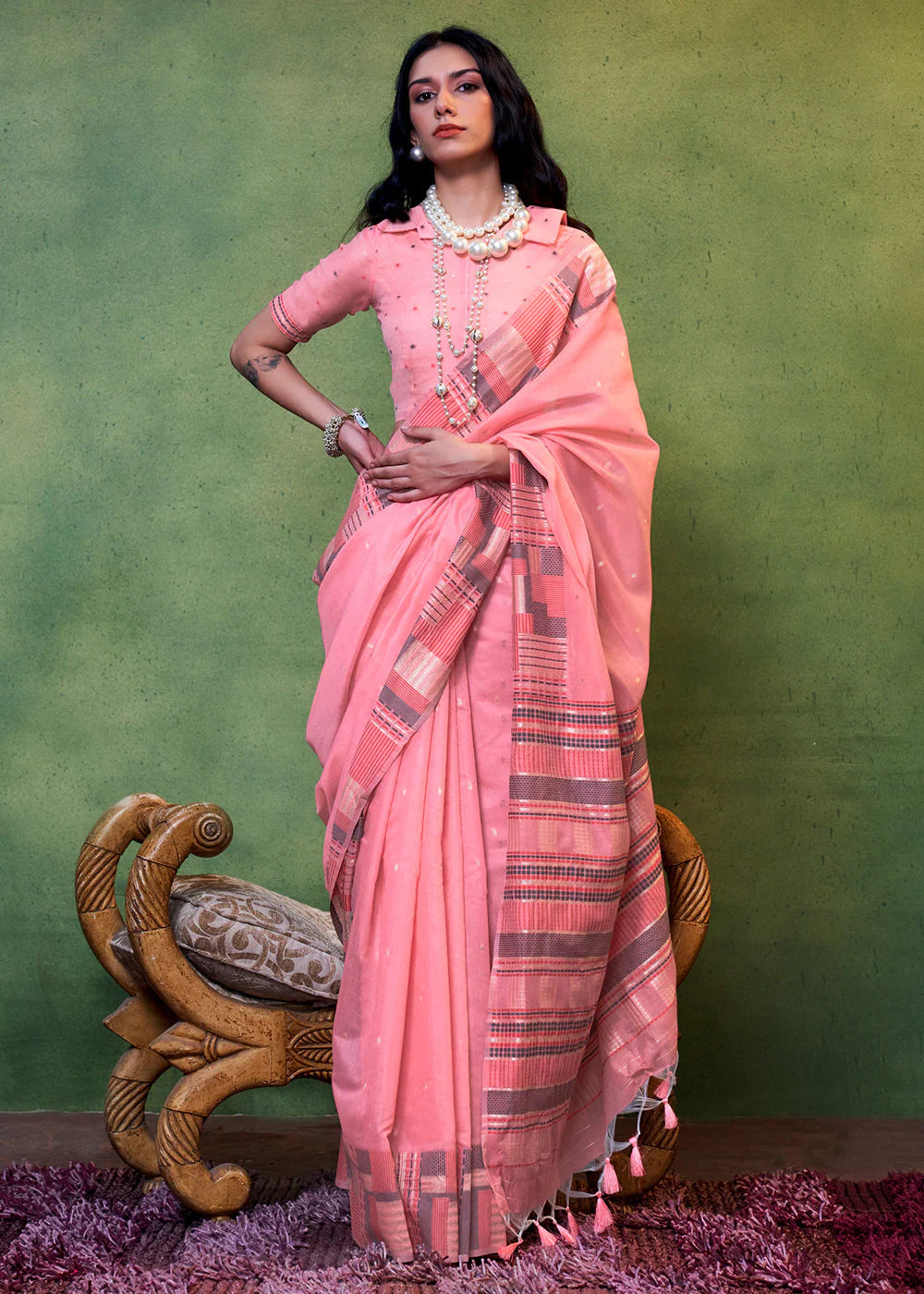 Pink Handwoven Cotton Silk Saree With Brocade Blouse