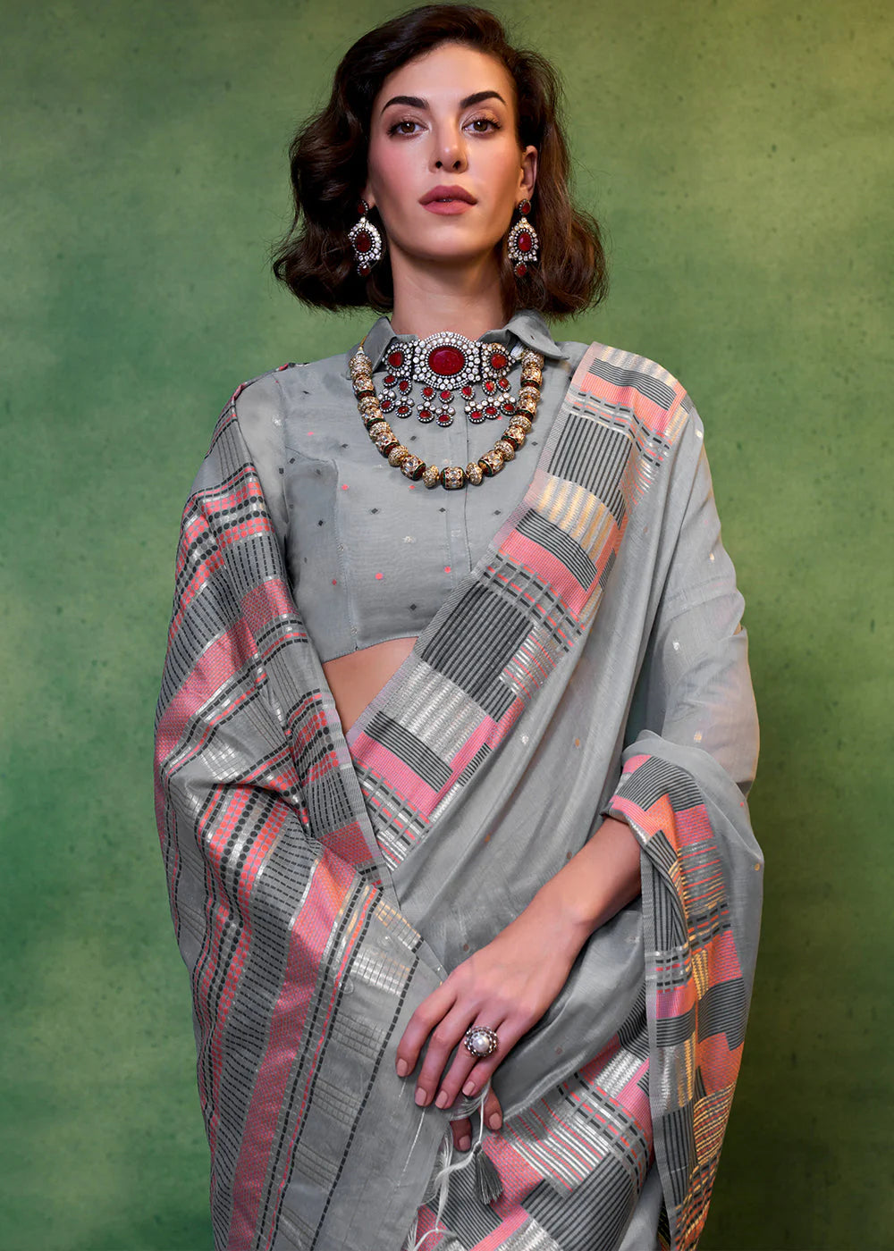 Grey Handwoven Cotton Silk Saree With Brocade Blouse