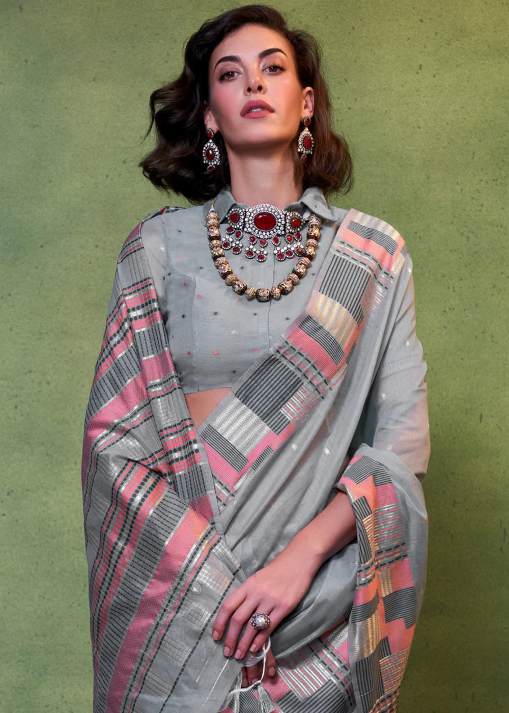 Grey Handwoven Cotton Silk Saree With Brocade Blouse