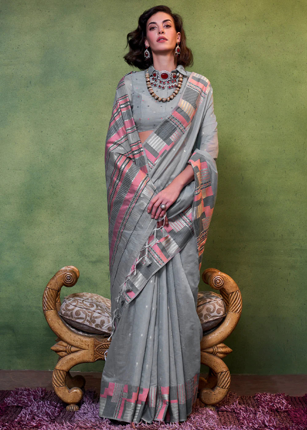 Grey Handwoven Cotton Silk Saree With Brocade Blouse