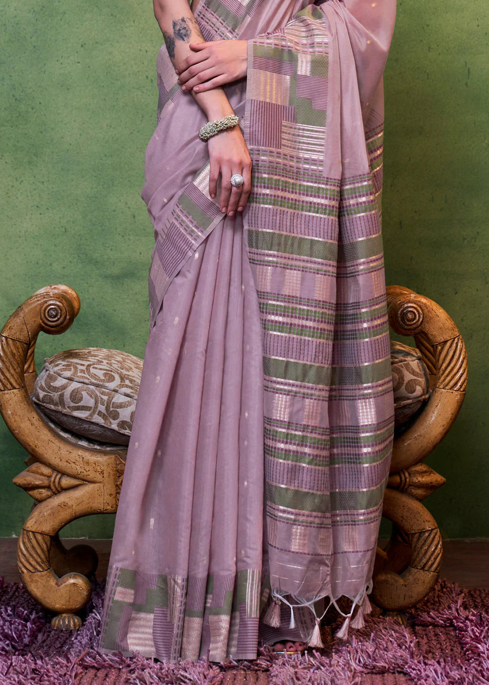 Purple Handwoven Cotton Silk Saree With Brocade Blouse