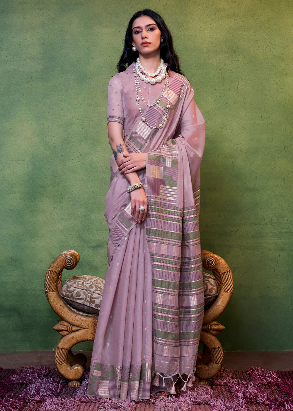 Purple Handwoven Cotton Silk Saree With Brocade Blouse